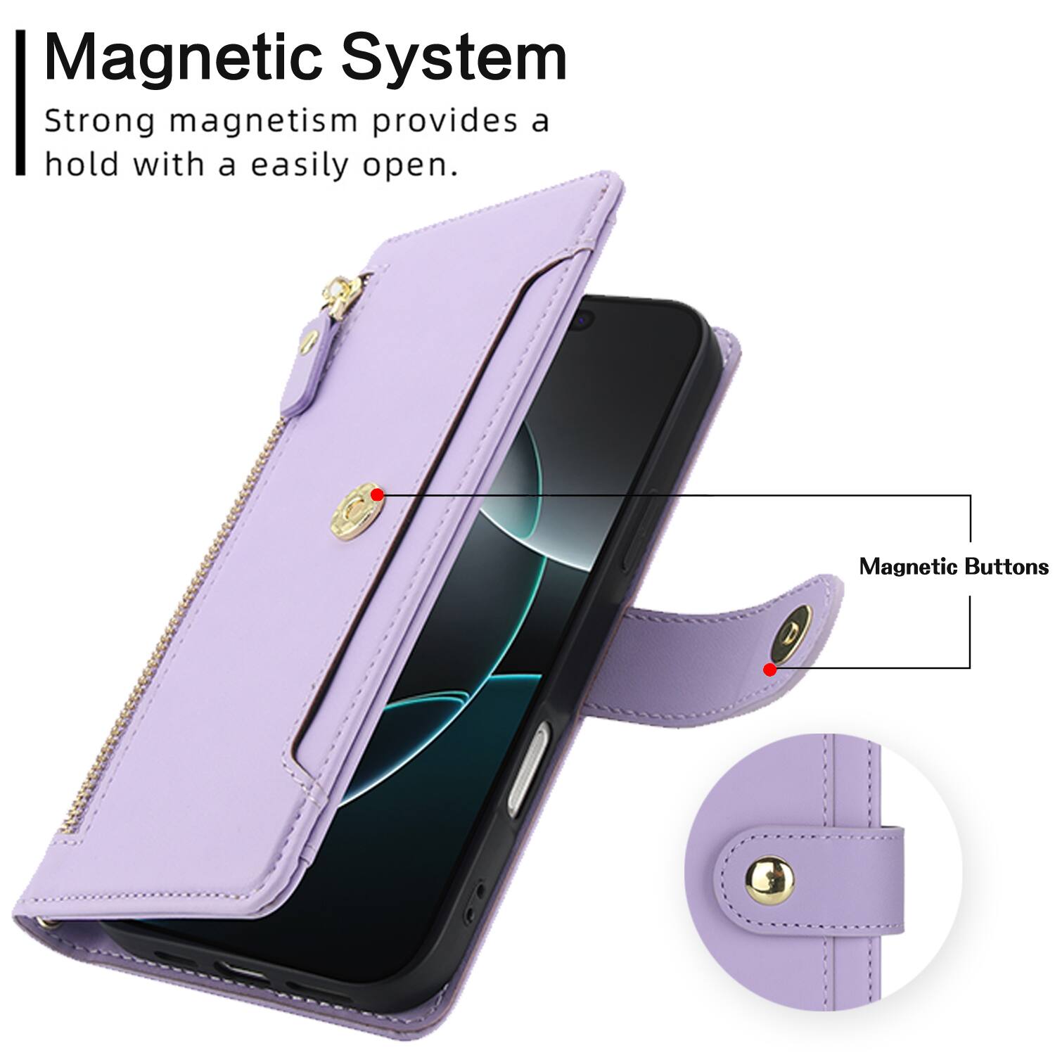 Magnetic System  
Strong magnetism provides a hold with a easily open.  
Magnetic Buttons