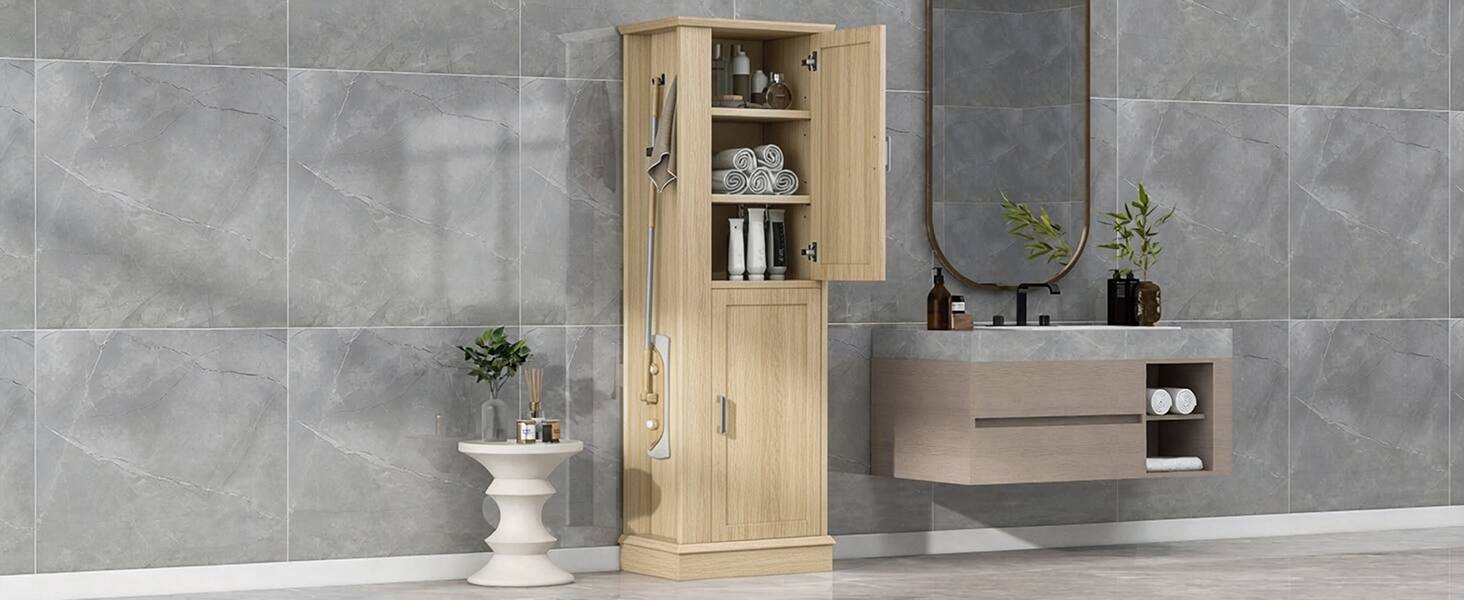 Alt View 9. Loheer - Loheer Tall Bathroom Storage Cabinet Freestanding Organizer with Adjustable Shelves and Hooks Natural MDF - Natural.