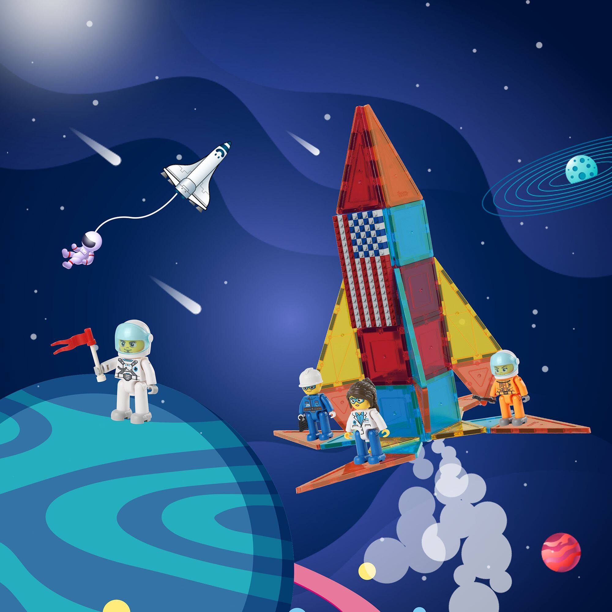 Alt View 1. PicassoTiles - PICASSO-TILES 4PC Astronaut Magnetic Character Action Figures, Expansion Set for Building Tile Blocks Toy for Kids.