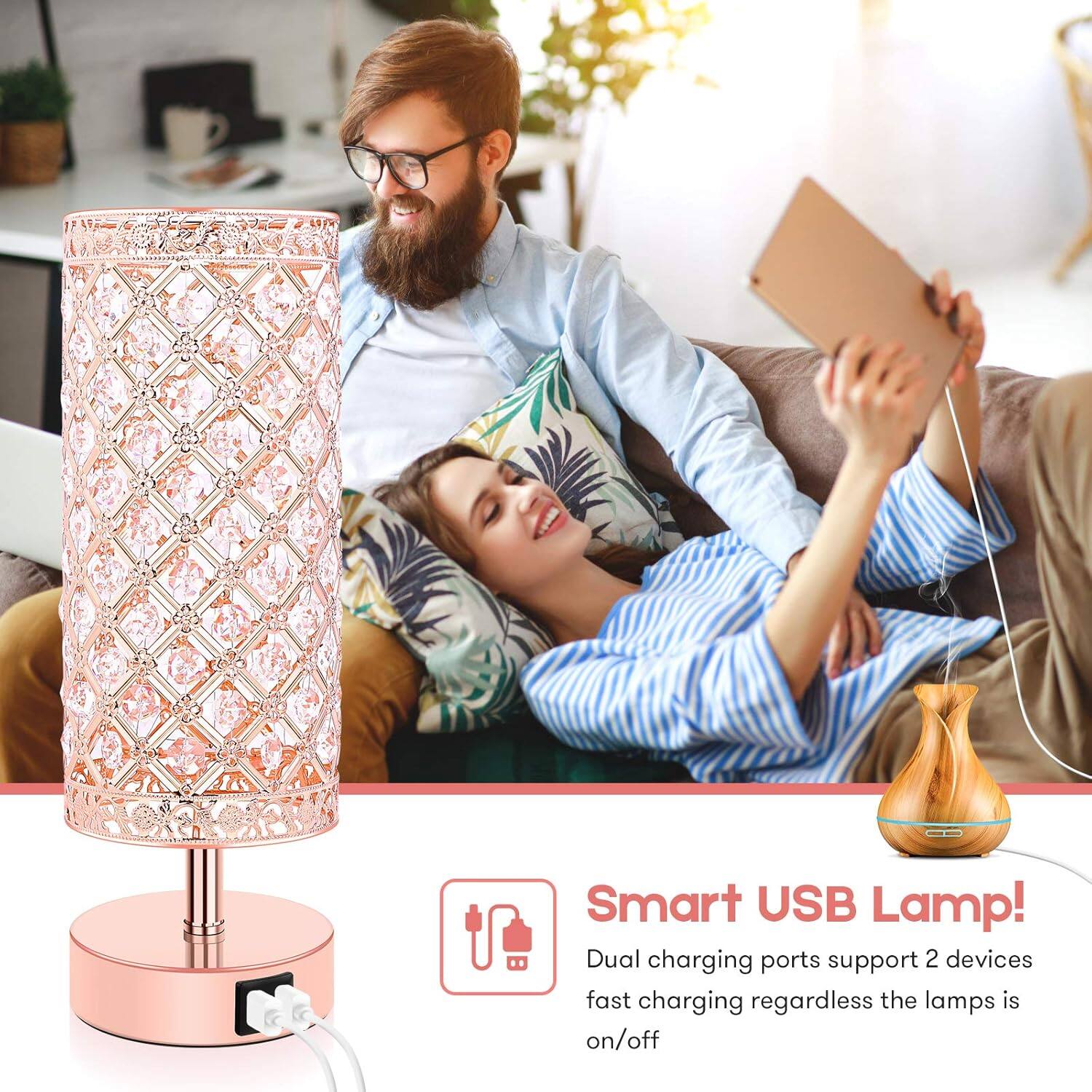 Smart USB Lamp!  
Dual charging ports support 2 devices fast charging regardless the lamps is on/off