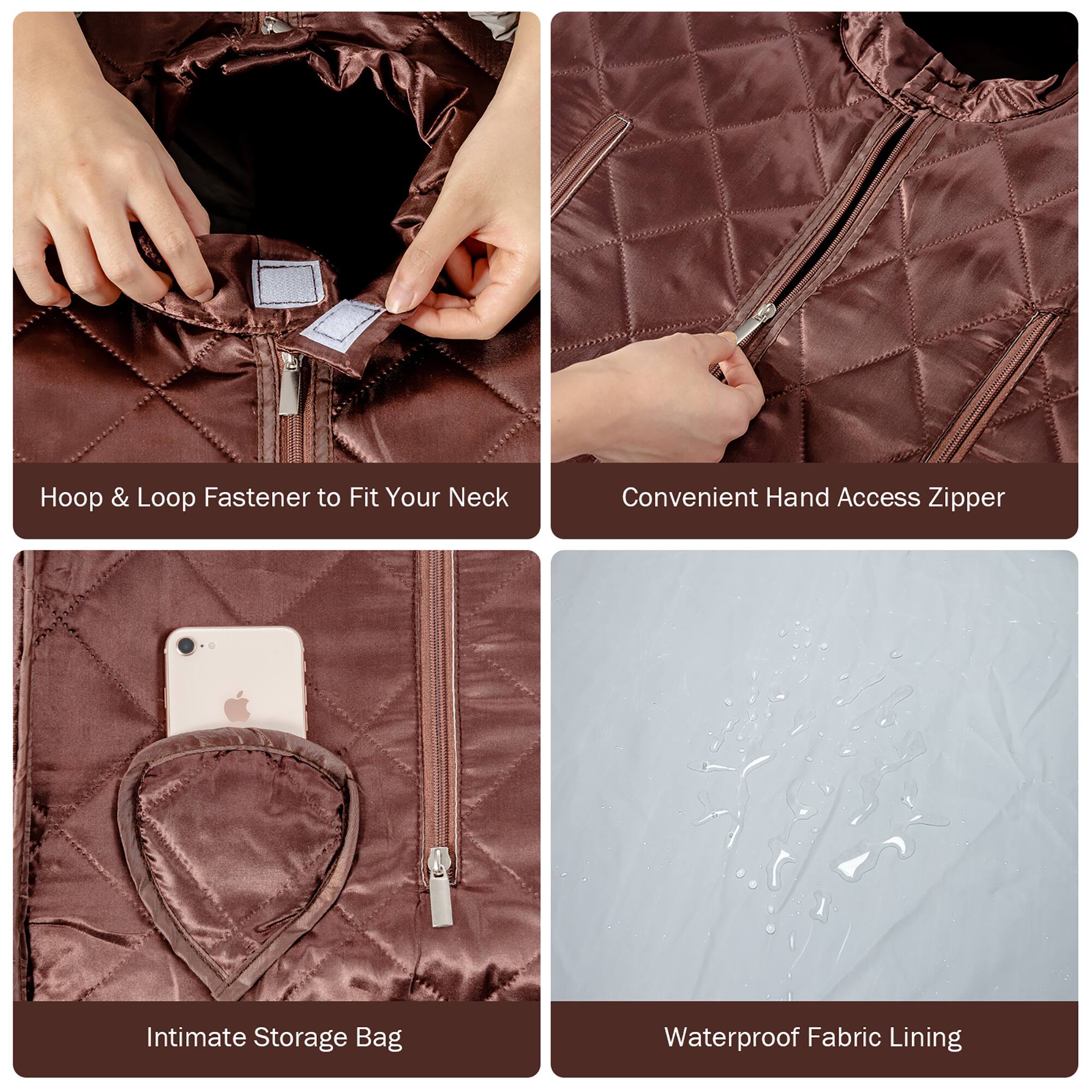 Group:

1. Hoop & Loop Fastener to Fit Your Neck
2. Convenient Hand Access Zipper
3. Intimate Storage Bag
4. Waterproof Fabric Lining

Corrected text:

1. Hoop & Loop Fastener to Fit Your Neck
2. Convenient Hand Access Zipper
3. Intimate Storage Bag
4. Waterproof Fabric Lining