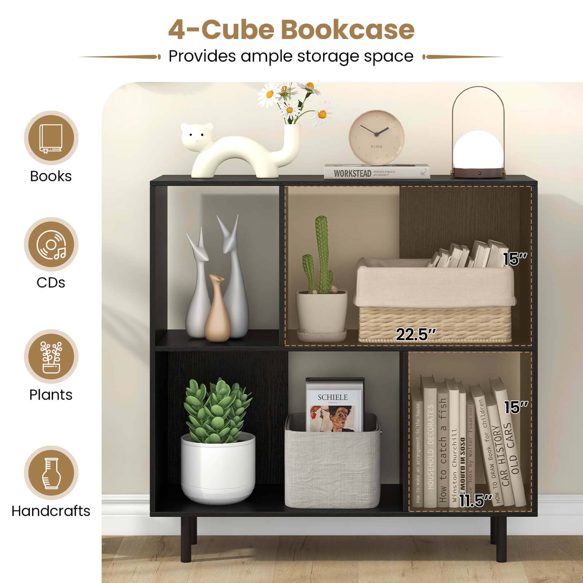 4-Cube Bookcase Provides ample storage space for books, CDs, and plants. It also has a handcrafts section and decorates the space with a vase and a clock. The bookcase is 22.5 inches tall and has a 15-inch storage space.
