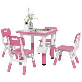 Qaba - 5 Pieces Kids Table and Chairs, Height Adjustable Toddler Table and Chair Set with Storage, Easy to Wipe - Pink