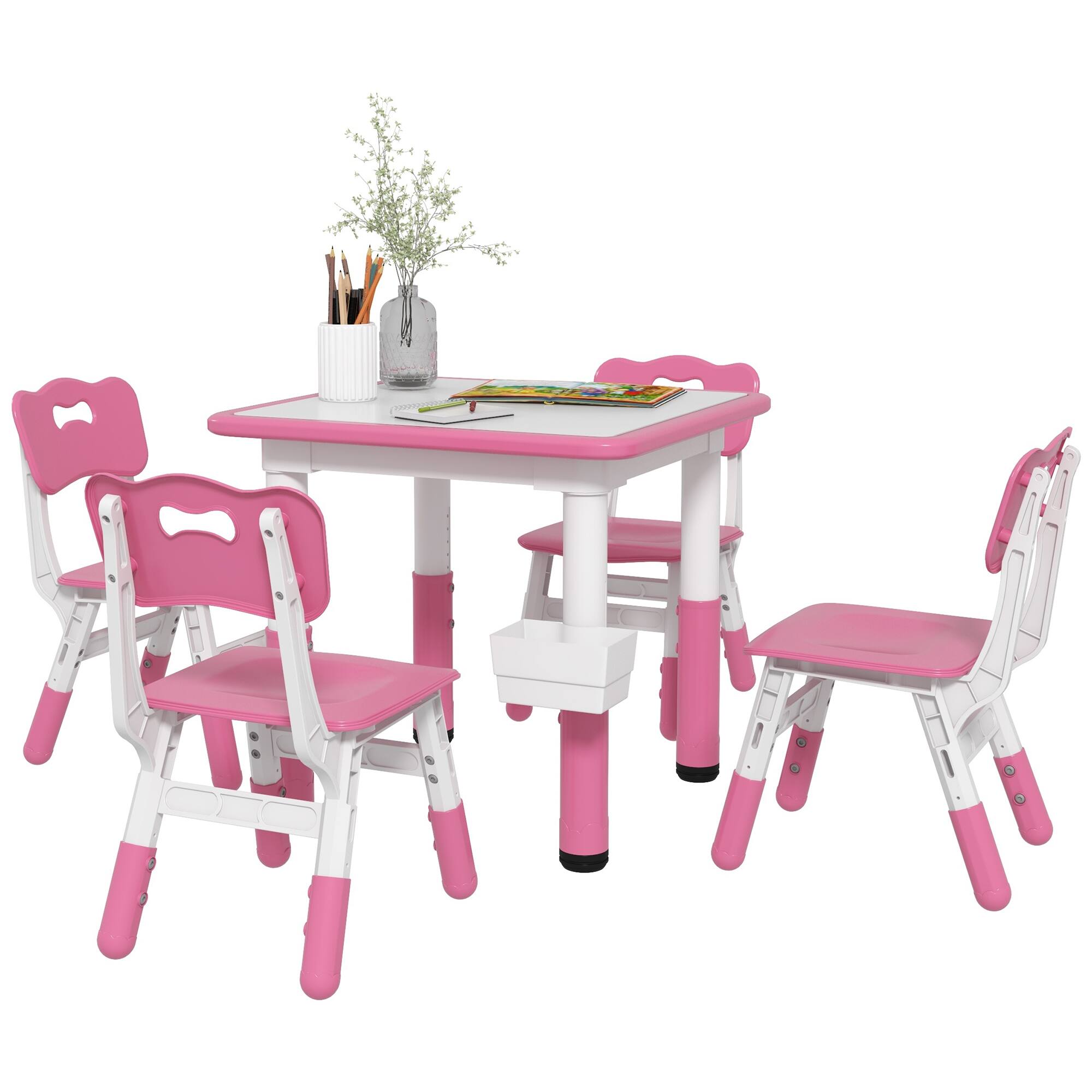 Front. Qaba - 5 Pieces Kids Table and Chairs, Height Adjustable Toddler Table and Chair Set with Storage, Easy to Wipe - Pink.