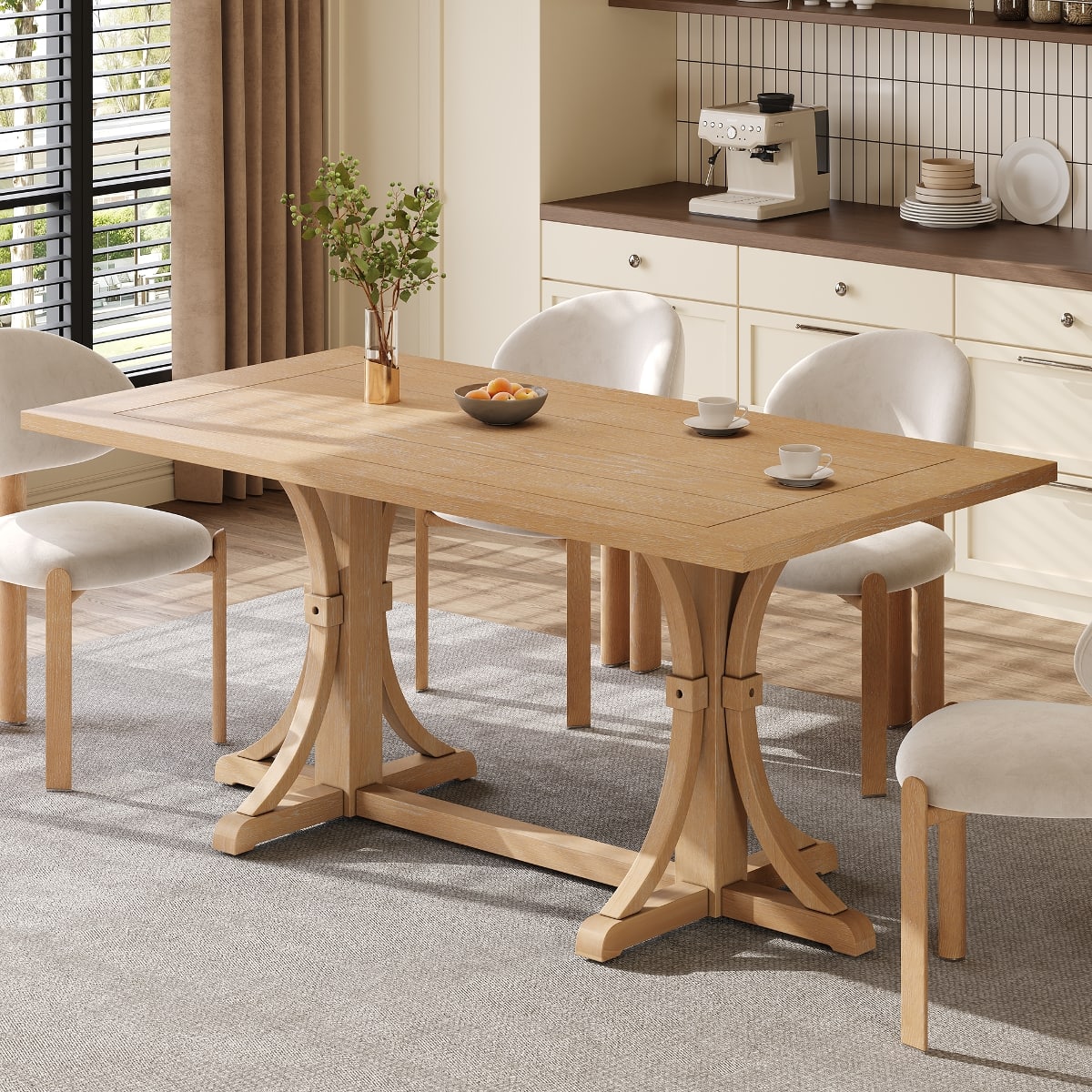 Loheer - 60 inch dining table Rustic Farmhouse Dining Table for 6 with Trestle Base and Oak Finish - Natural Wood Wash