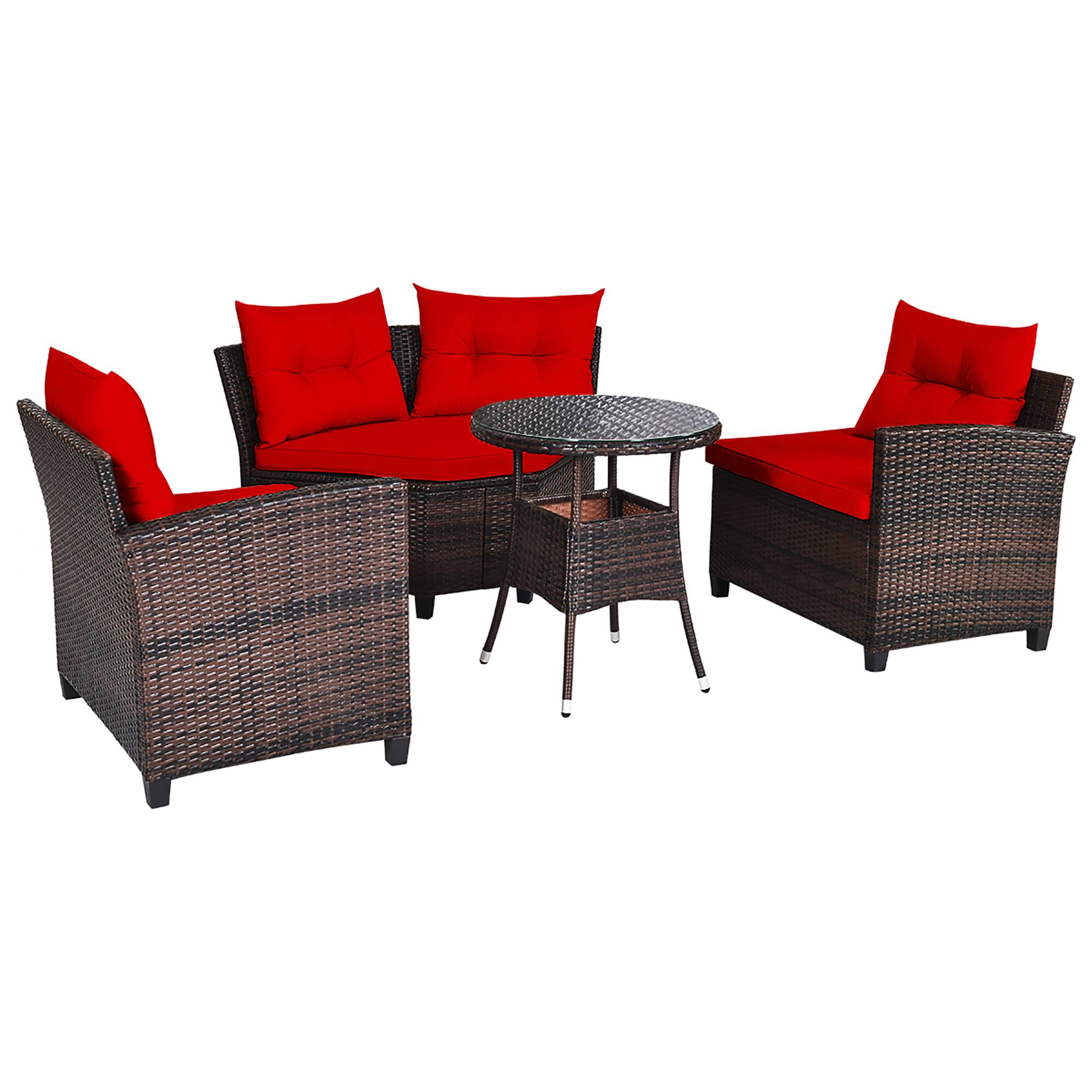 Back. Costway - 4PCS Outdoor Patio Rattan Furniture Set Cushioned Sofa Table - Dark Brown/Red.
