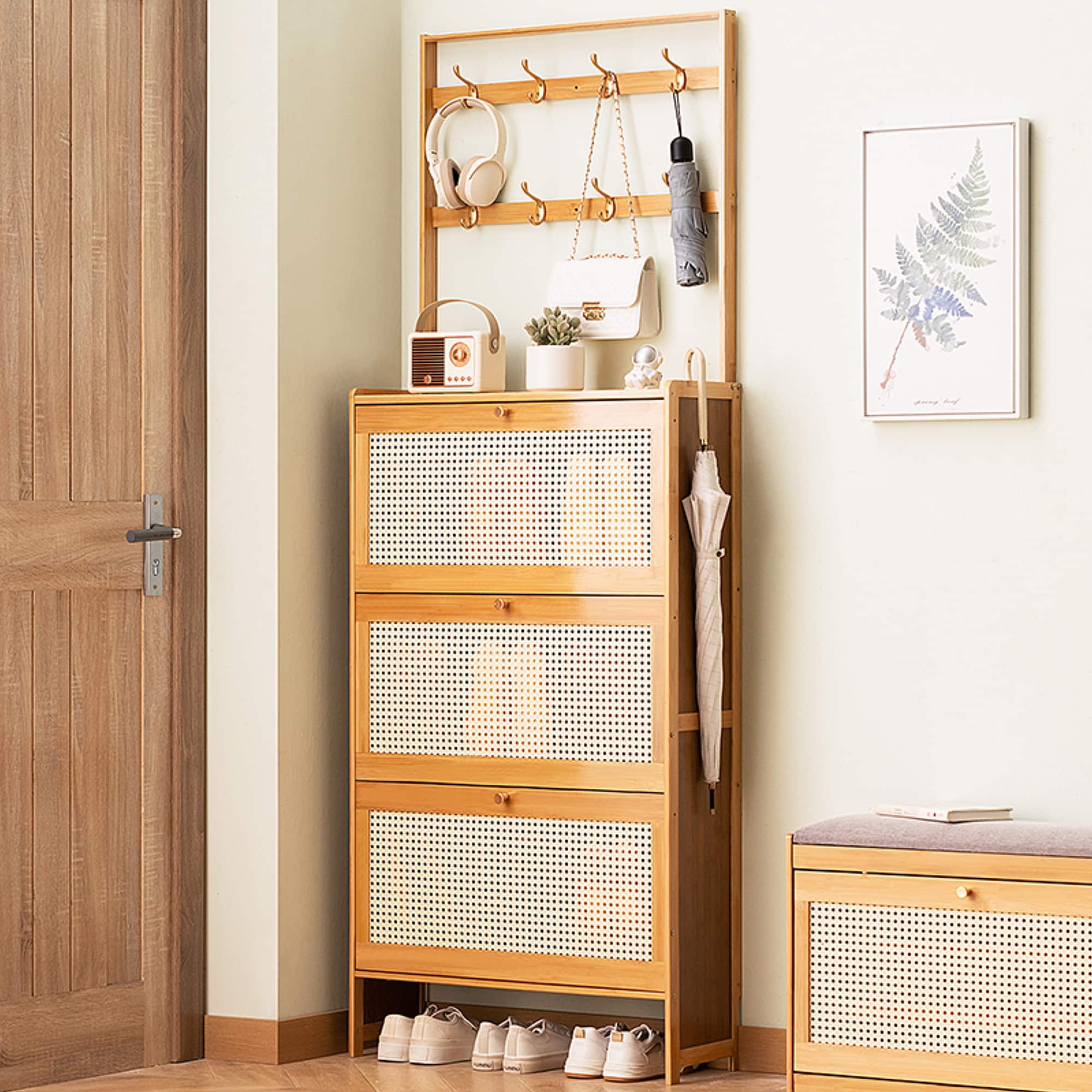 GOODSILO - Freestanding Bamboo Shoe Storage Cabinet with Rattan Flip Drawers and Coat Hooks for Entryway Organization - Natural