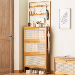 GOODSILO - Freestanding Bamboo Shoe Storage Cabinet with Rattan Flip Drawers and Coat Hooks for Entryway Organization - Natural