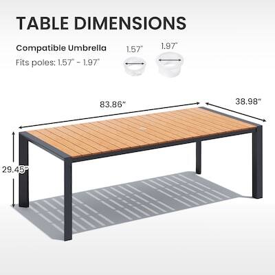 TABLE DIMENSIONS

Compatible Umbrella
Fits poles: 1.57" - 1.97"

83.86"
38.98"
29.45"