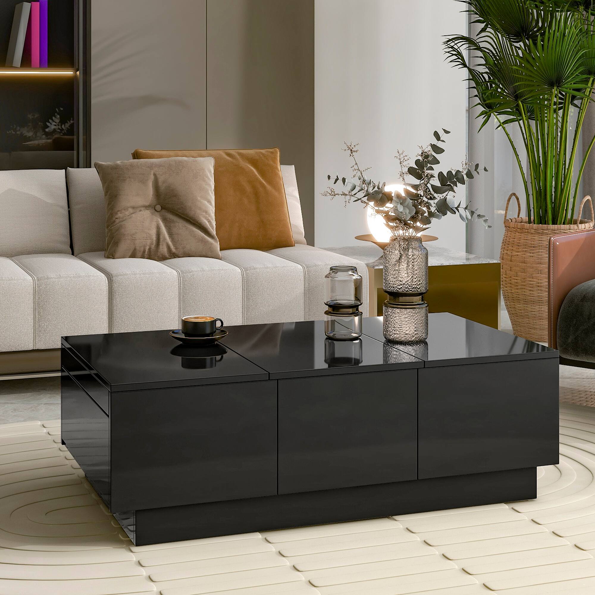 Angle. Tiramisubest - Extendable Coffee Table with 2 Hidden Storage Compartment,High-gloss Center Table with Sliding Top & 2 Drawers,Black - Black.