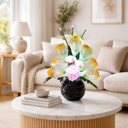Front. FC Design - 20"H Black Round Base Artificial Multicolor Flower LED Vase Lamp, Lighted Floral Home Décor Accent.