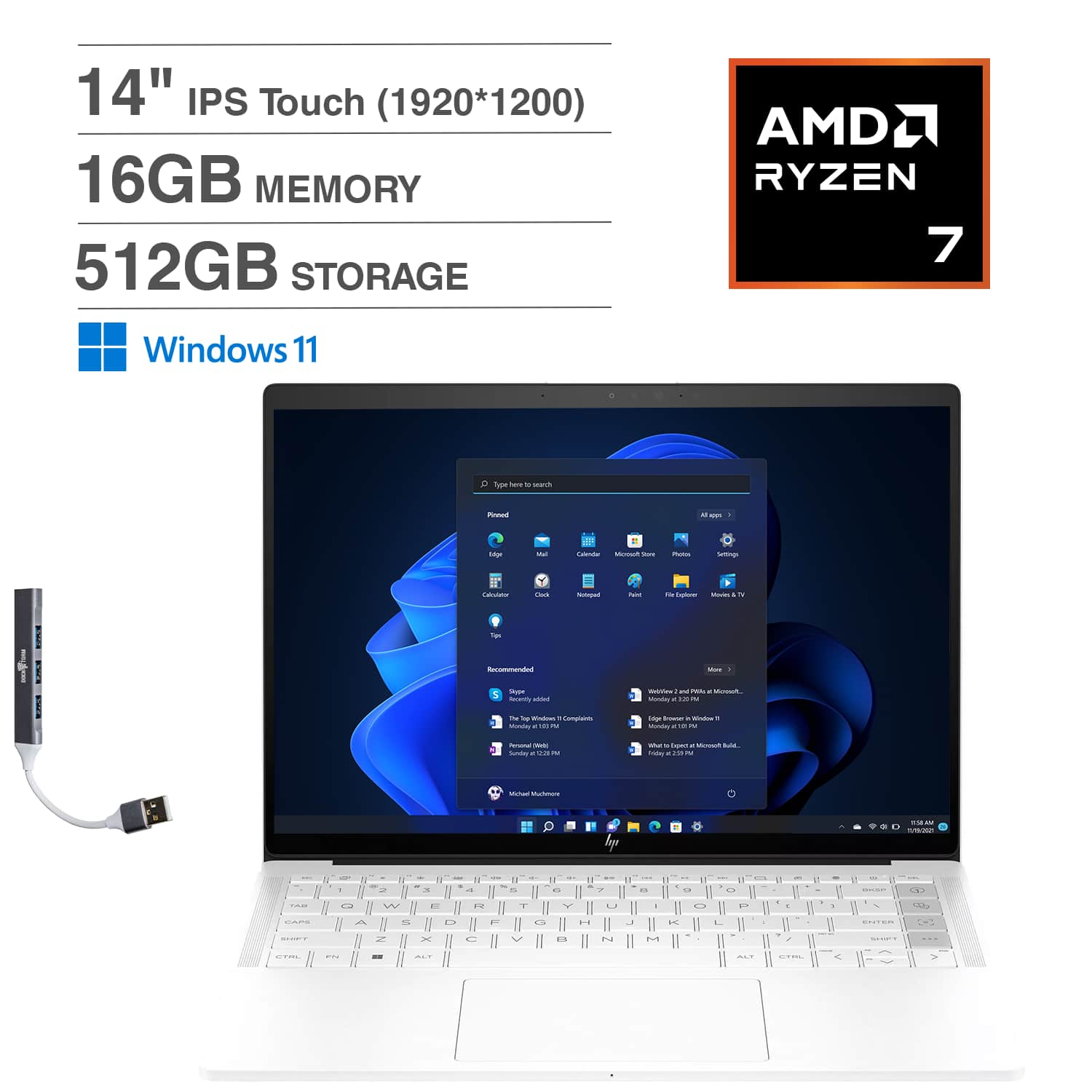 HP - Dragonfly Pro One Laptop 14.0 WUXGA (AMD Ryzen 7 7736U, 16GB LPDDR5, 512GB SSD, Win 11 Home) w/USB Hub - Ceramic White