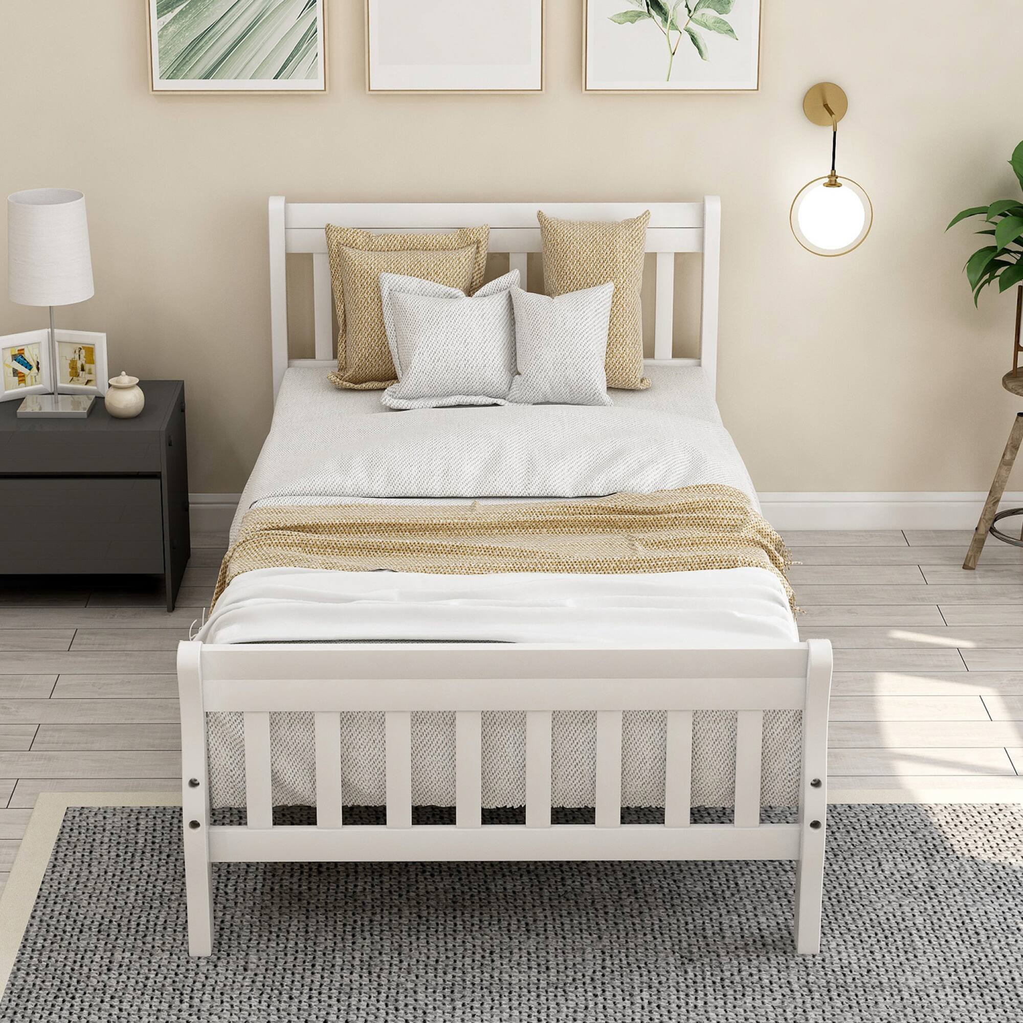 Alt View 1. GOODSILO - Modern Solid Wood Twin Platform Bed Frame with Integrated Headboard and Footboard for Minimalist Bedroom Decor - White.