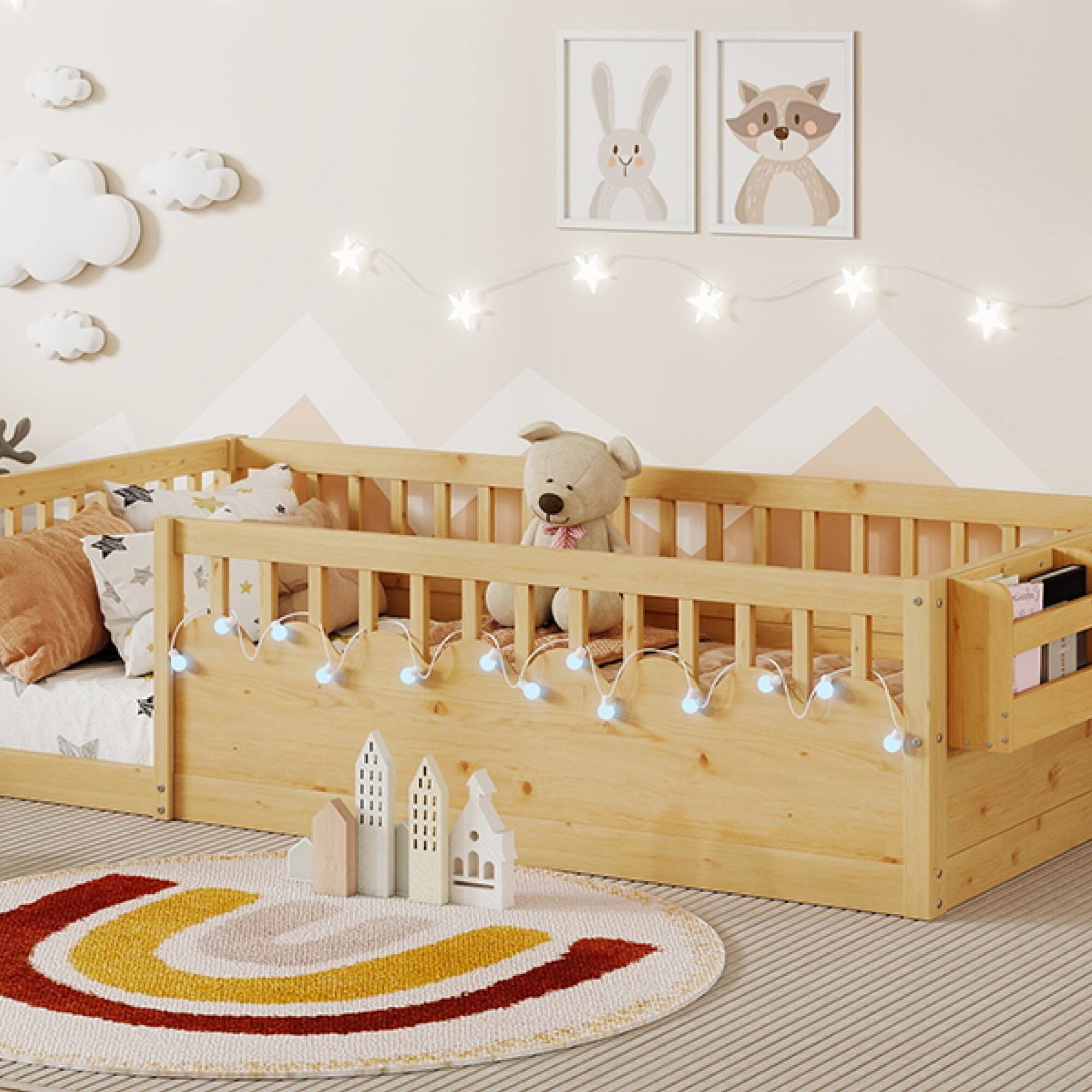 Alt View 10. GOODSILO - Twin Montessori Low Profile Floor Bed Frame with Safety Rails, LED Lighting and Storage Shelf for Children's Bedroom - Natural.
