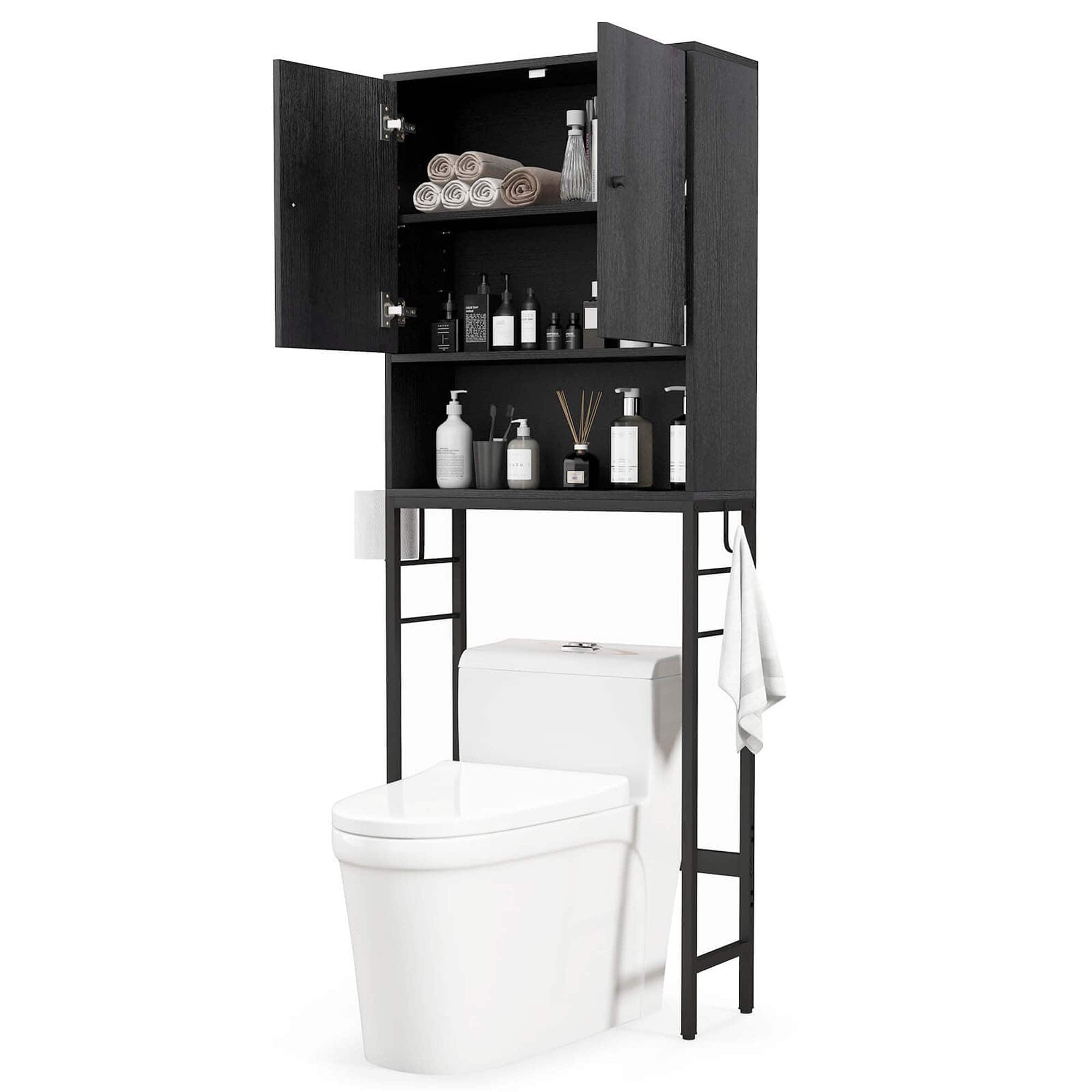 Costway - Over The Toilet Storage Cabinet Free Standing Toilet Rack with Adjustable Shelf - Black