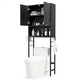 Costway - Over The Toilet Storage Cabinet Free Standing Toilet Rack with Adjustable Shelf - Black