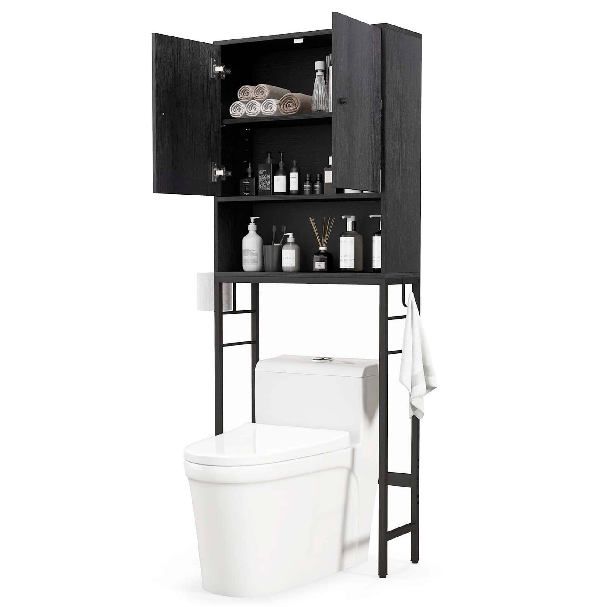 Costway - Over The Toilet Storage Cabinet Free Standing Toilet Rack with Adjustable Shelf - Black