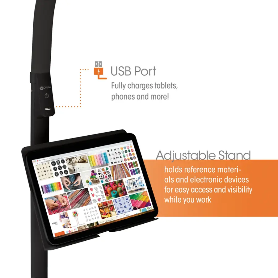 The image features a tablet computer with a USB port, which is fully charged and ready to use. The tablet is displayed on an adjustable stand that holds reference materials and electronic devices for easy access and visibility while working. The stand is designed to provide convenience and efficiency for the user.