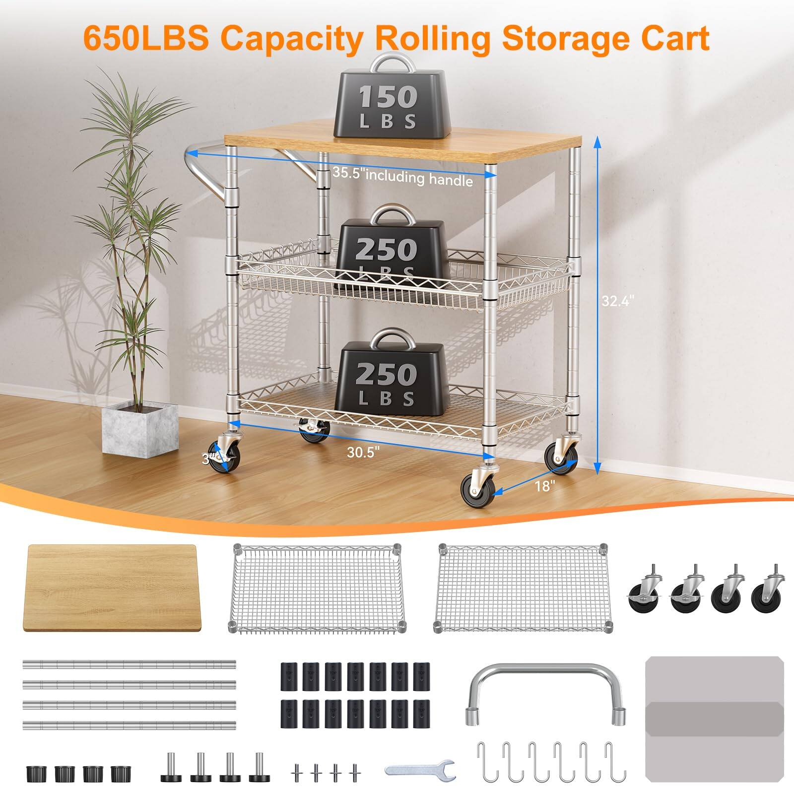 650LBS Capacity Rolling Storage Cart

- 150 LBS
- 250 LBS
- 250 LBS

Dimensions:
- 35.5" including handle
- 32.4"
- 30.5"
- 18"