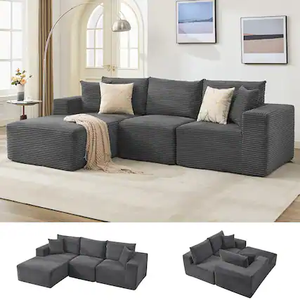 Front. Babevy - 108" Modular L-Shaped Cloud Couch, Reversible Chaise Sectional Sofa with Deep Seats & Corduroy Upholstery - Grey.