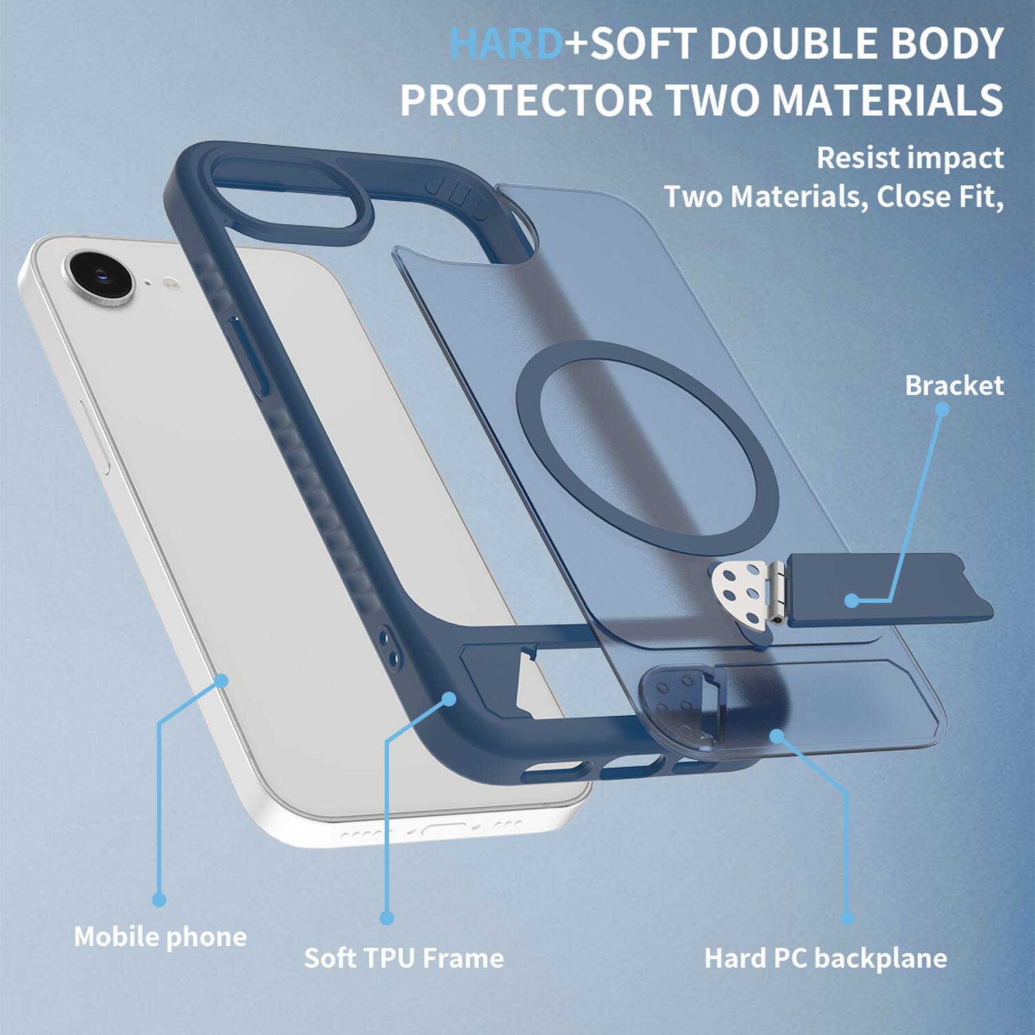 HARD+SOFT DOUBLE BODY PROTECTOR TWO MATERIALS  
Resist impact  
Two Materials, Close Fit,  
Bracket  
Mobile phone  
Soft TPU Frame  
Hard PC backplane