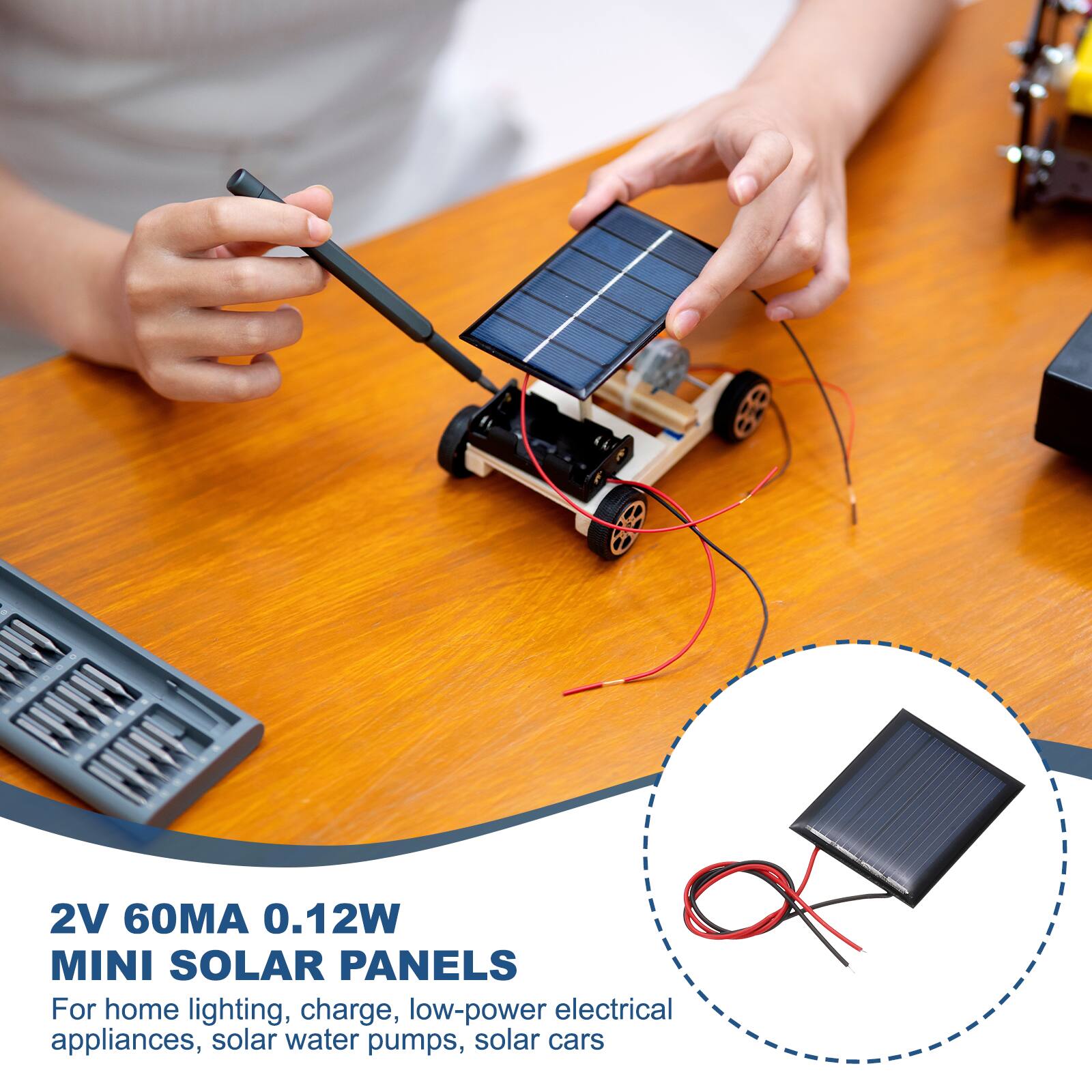 2V 60MA 0.12W MINI SOLAR PANELS  
For home lighting, charge, low-power electrical appliances, solar water pumps, solar cars