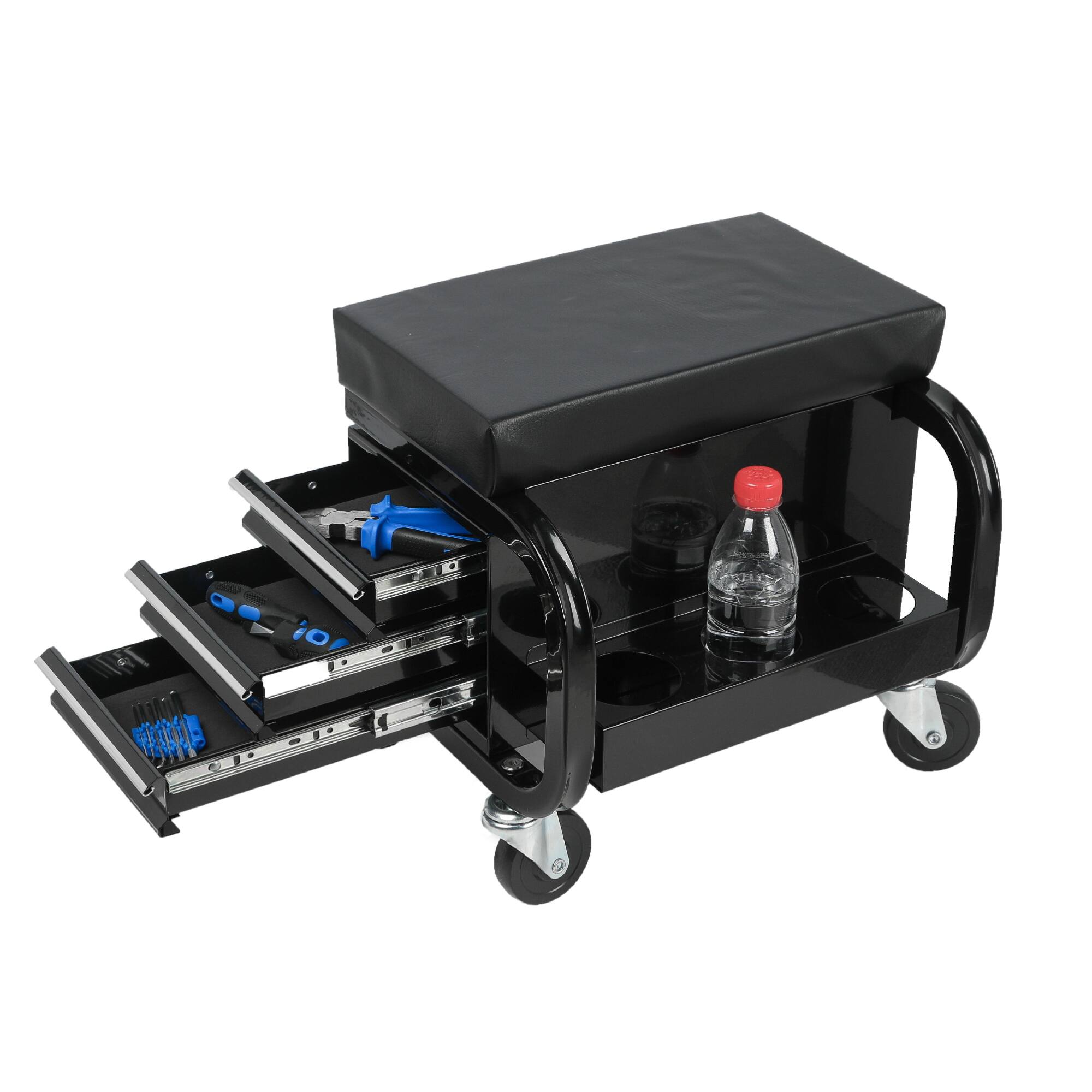Angle. ELEMENT ACE - Heavy-Duty Rolling Mechanic Seat with Built-In Storage Drawers and Tool Organizer - Black.