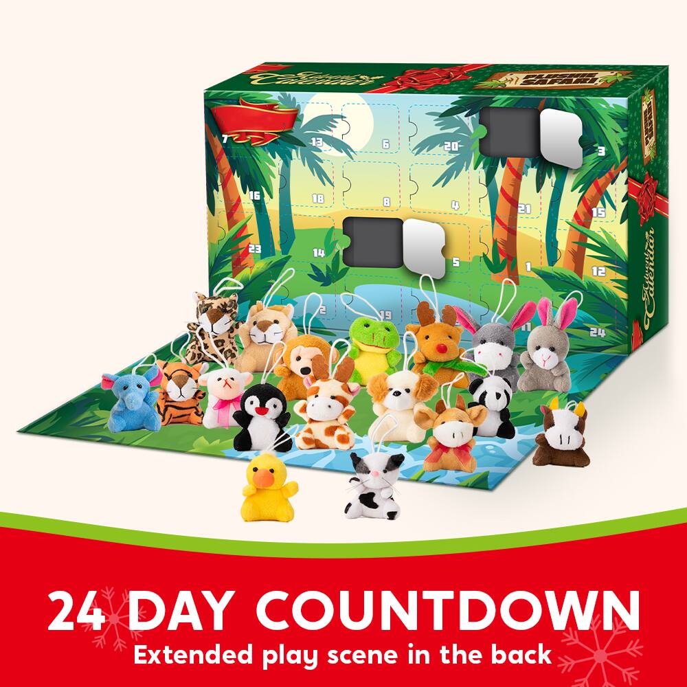 Calendar Lavents  
PLUSHIE SAFARI  
16 23  
13 18 14 2  
6 8 19  
20 4 5  
21 1  
3 15 12 24  
Calendar  
24 DAY COUNTDOWN  
Extended play scene in the back