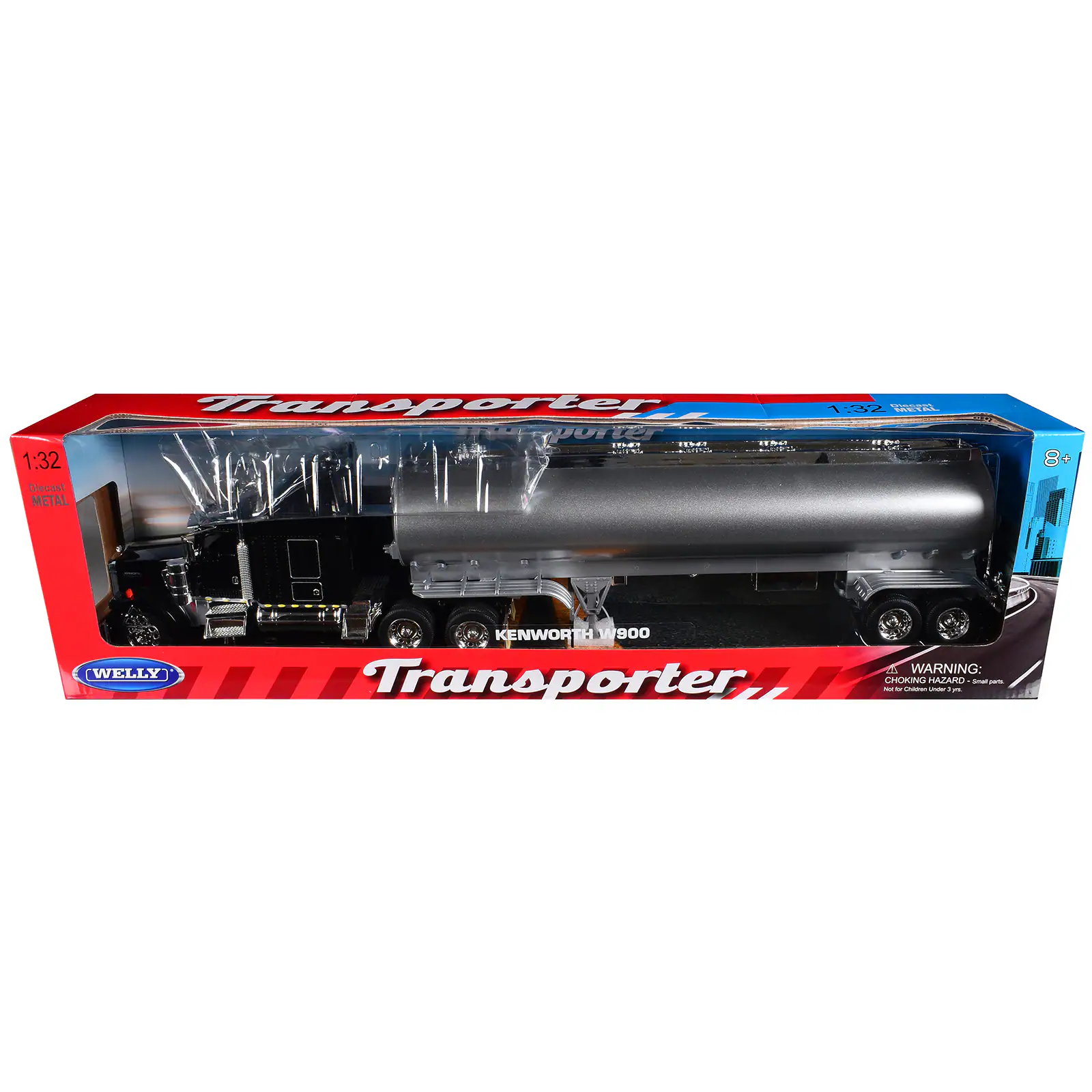 Kenworth W900 Truck Black with Silver Tanker Trailer "Transporter" Series 1/32 Diecast Model by Welly