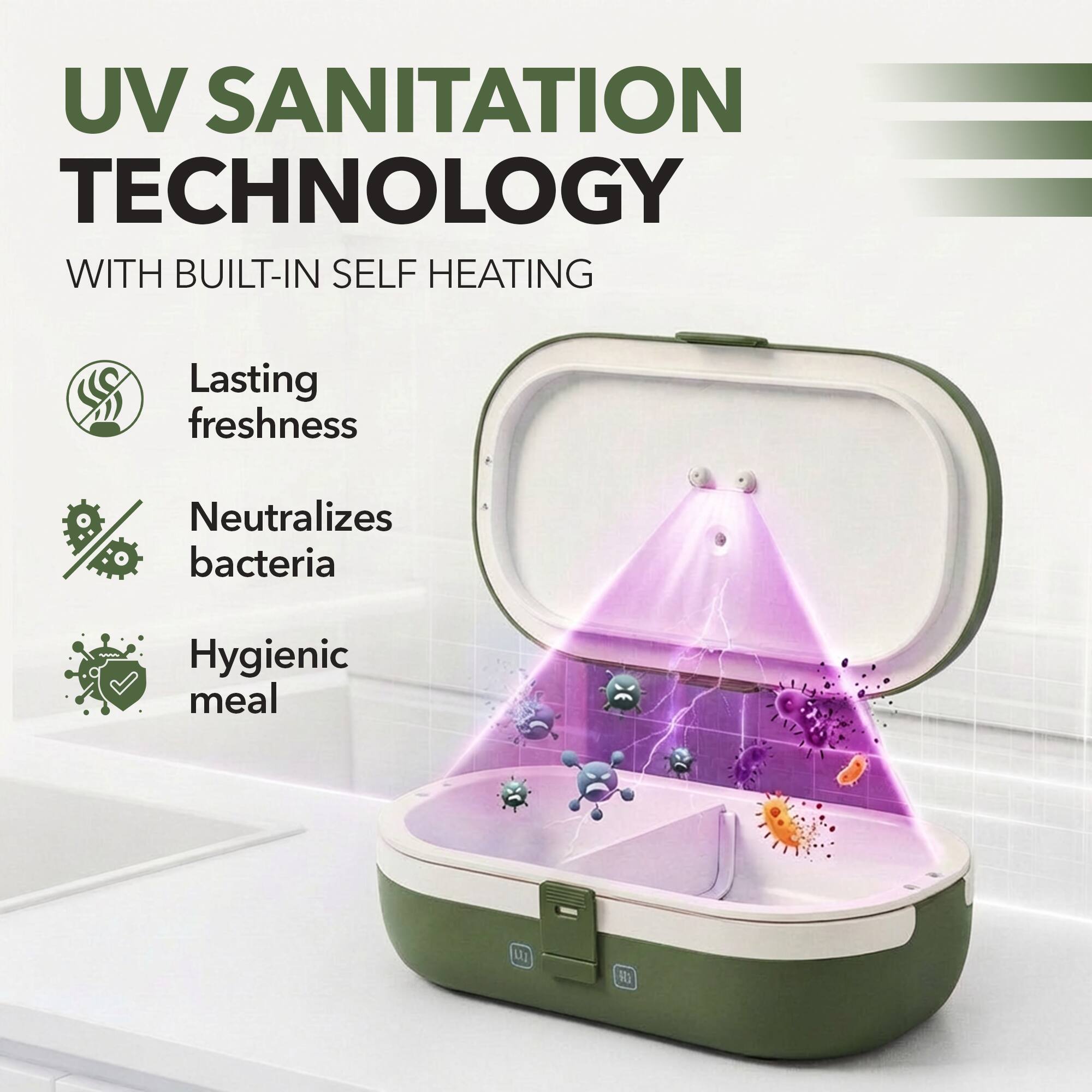 UV SANITATION TECHNOLOGY  
WITH BUILT-IN SELF HEATING  

- Lasting freshness  
- Neutralizes bacteria  
- Hygienic meal