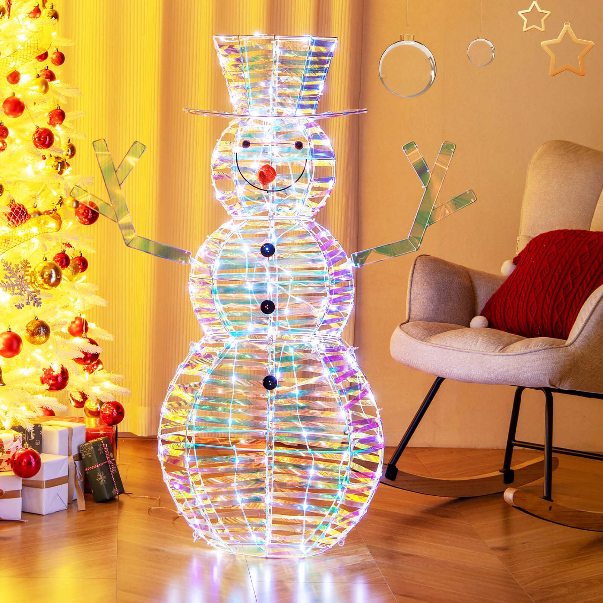 Alt View 4. Costway - Costway 4 FT Iridescent Christmas Snowman with 100 White LED Lights Ground Stakes Zip Ties - White.