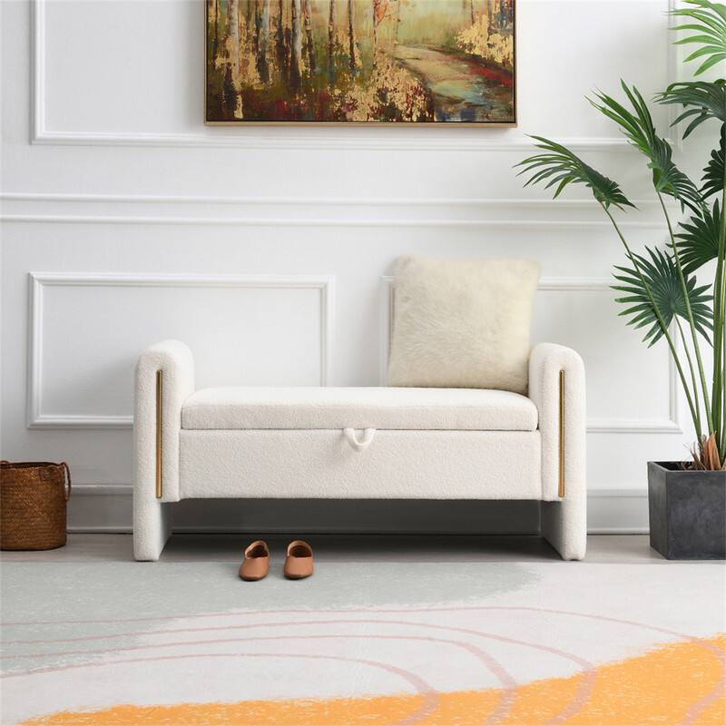 Back. HTUTWOO - Teddy Bed End Bench with Arms and Storage - Upholstered Large Foot Rest Stool,Multi-Functional Vanity Ottoman for Room - Cream.