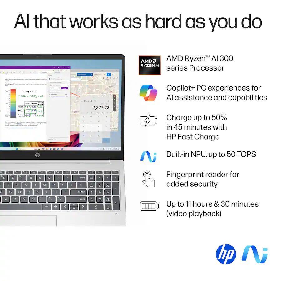AI that works as hard as you do

- AMD Ryzen™ AI 300 series Processor
- Copilot+ PC experiences for AI assistance and capabilities
- Charge up to 50% in 45 minutes with HP Fast Charge
- Built-in NPU, up to 50 TOPS
- Fingerprint reader for added security
- Up to 11 hours & 30 minutes (video playback)