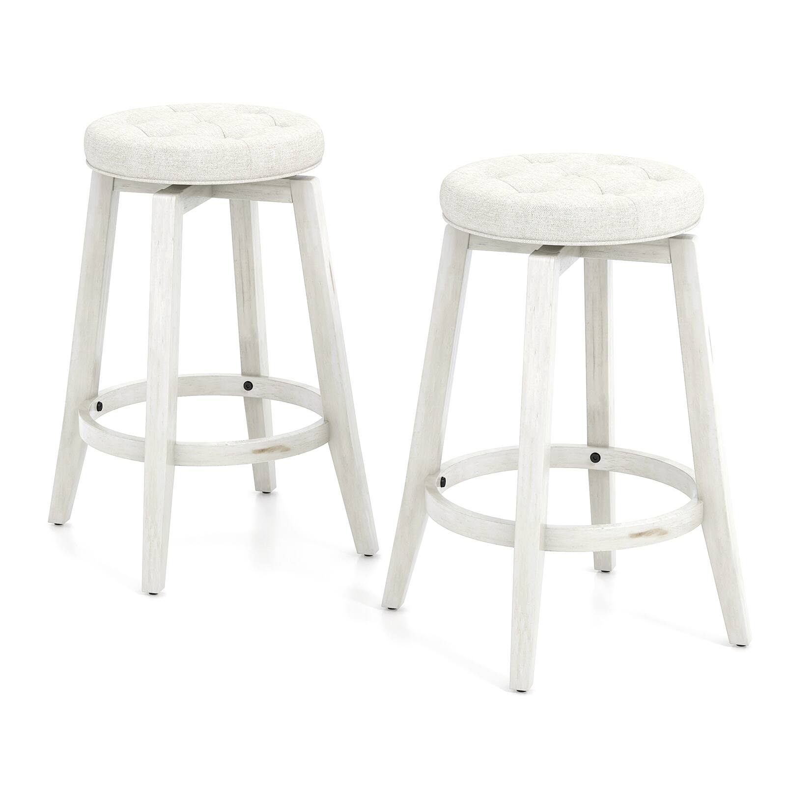 Front. Sugift - 360-Degree Swivel Upholstered Rubberwood Frame Bar Stool Set of 2 with Footrest-24 inches - White.