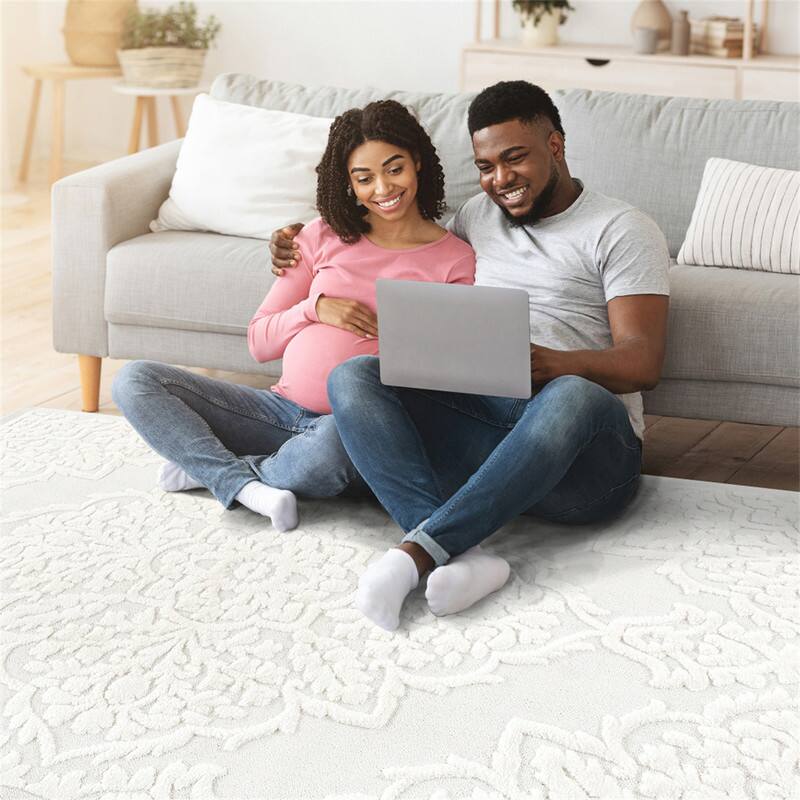 Alt View 2. HTUTWOO - 2'x3' Area Rug - Cream Indoor Carpet, Modern Geometric Pattern, Non Shedding, for Bedroom, Kitchen, Living Room,Doormat - Cream.