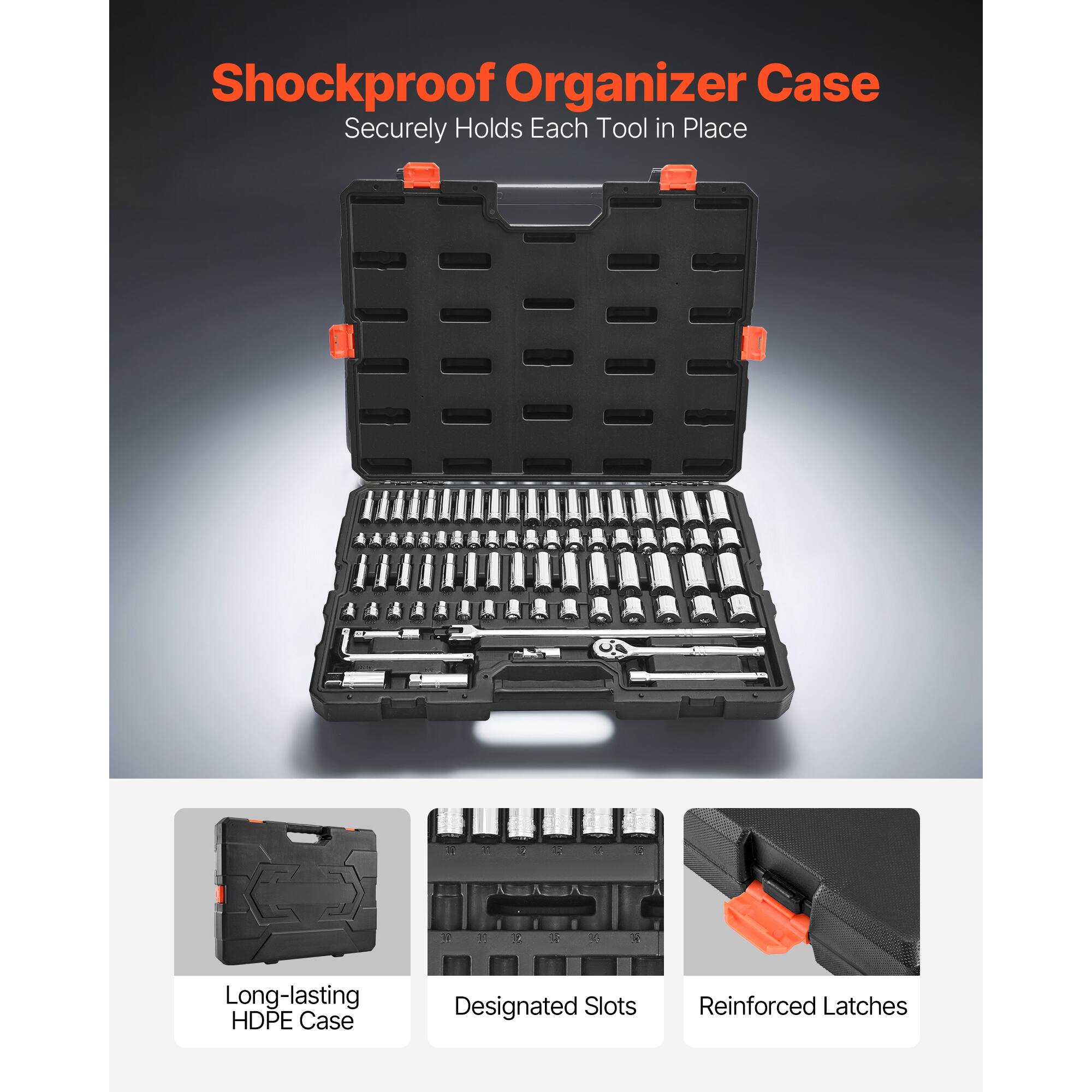 Shockproof Organizer Case  
Securely Holds Each Tool in Place  

- Long-lasting HDPE Case  
- Designated Slots  
- Reinforced Latches