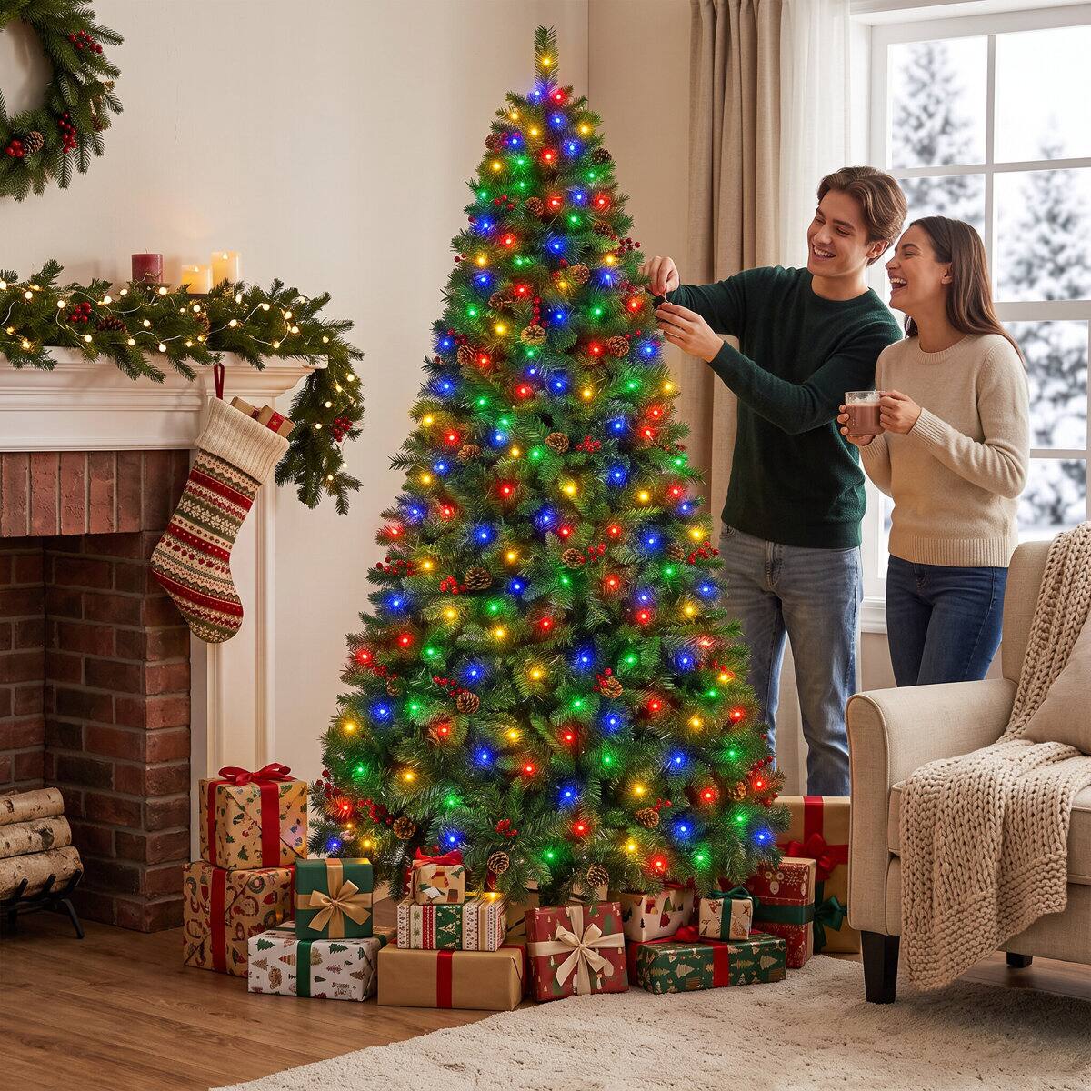 Left. Wisairt - 5FT Pre-Lit Artificial Christmas Tree, 518 Tips Full Green Pine with 150 LED 11 Modes - Green.