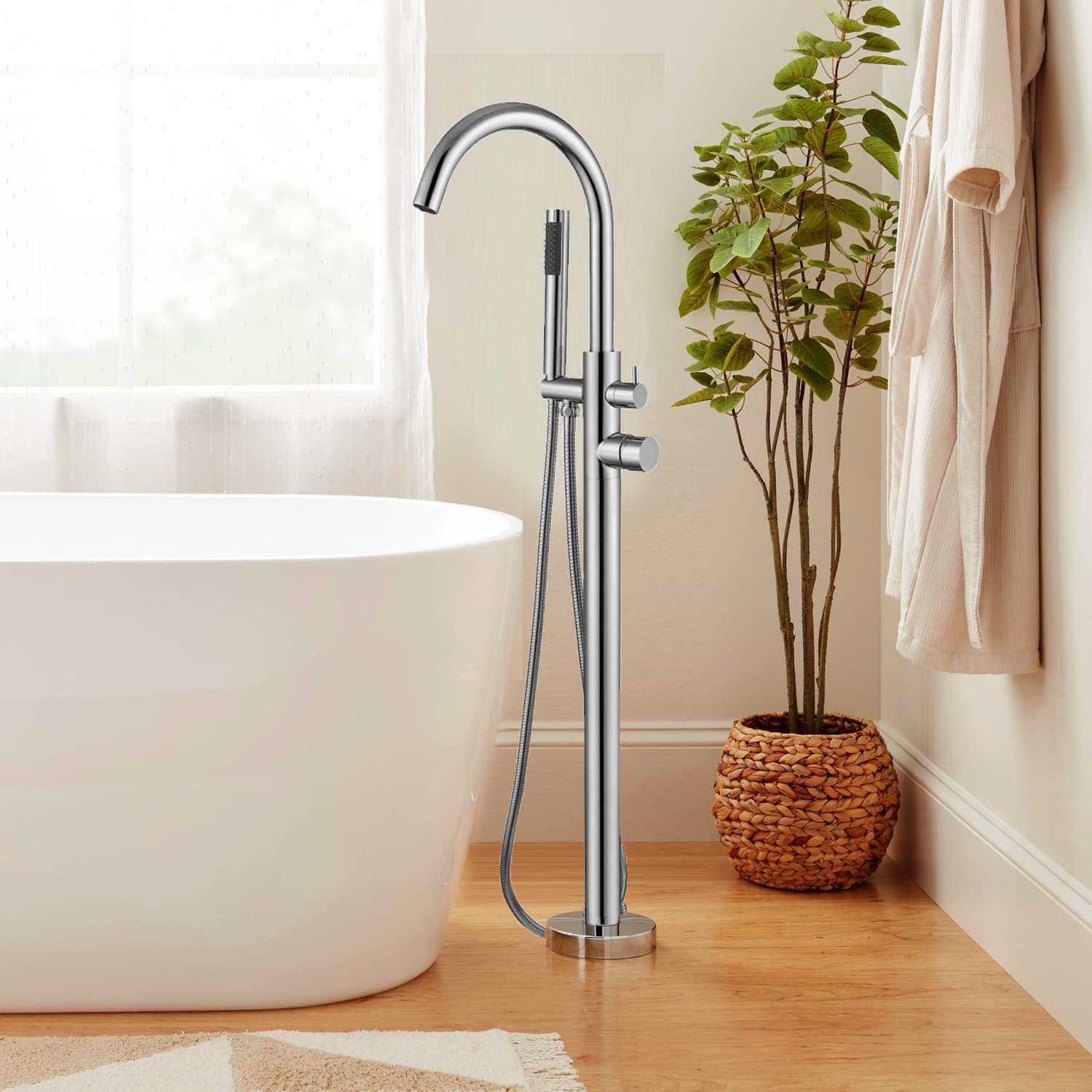 Sweet - Freestanding Bathtub Faucet, Floor Mount Tub Filler with 360 Swivel Gooseneck Spout and Handheld Shower - Silvery