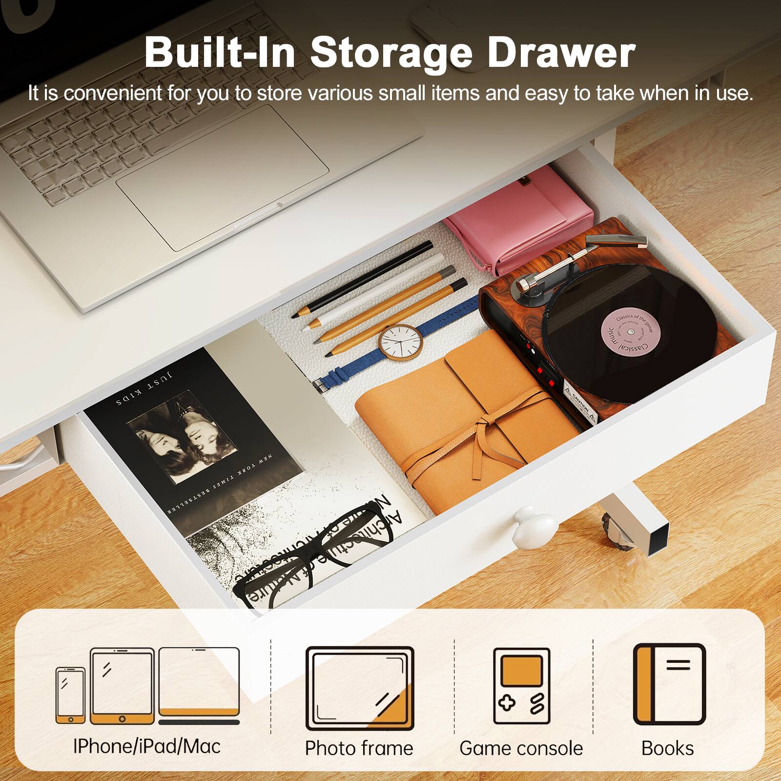 Built-In Storage Drawer: It is convenient for you to store various small items and easy to take when in use. Contents: IPhone/iPad/Mac, Photo frame, Game console, Books.