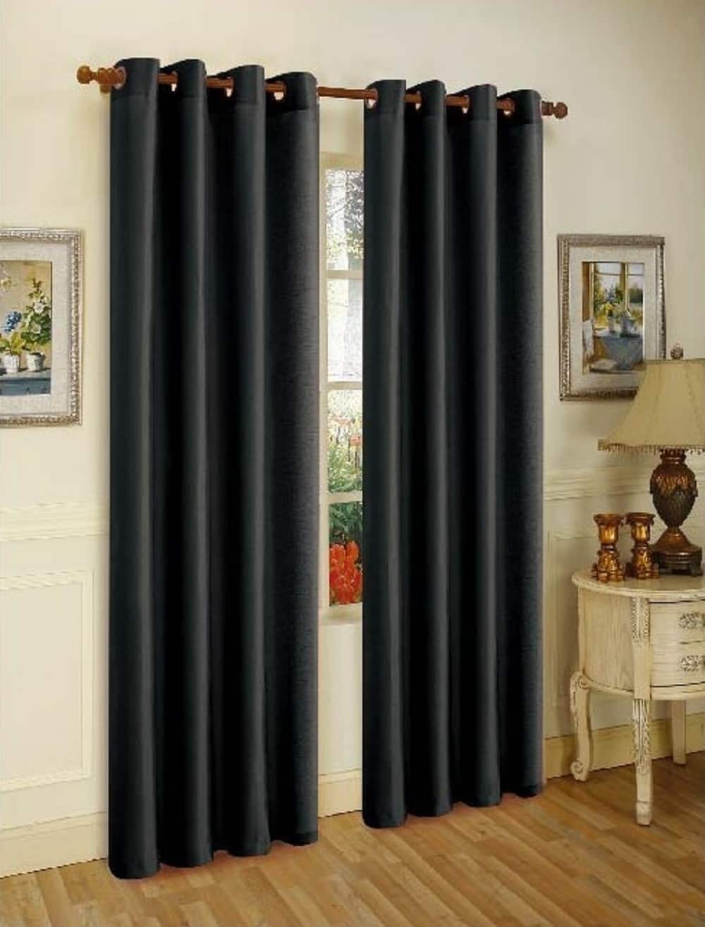 "J&V TEXTILES - 2 Panels Solid Grommet Faux Silk Window Curtain Drapes Treatment 58"" Wide and 84"" Length - 2-MIRA BLACK" price history on PriceWatchPro