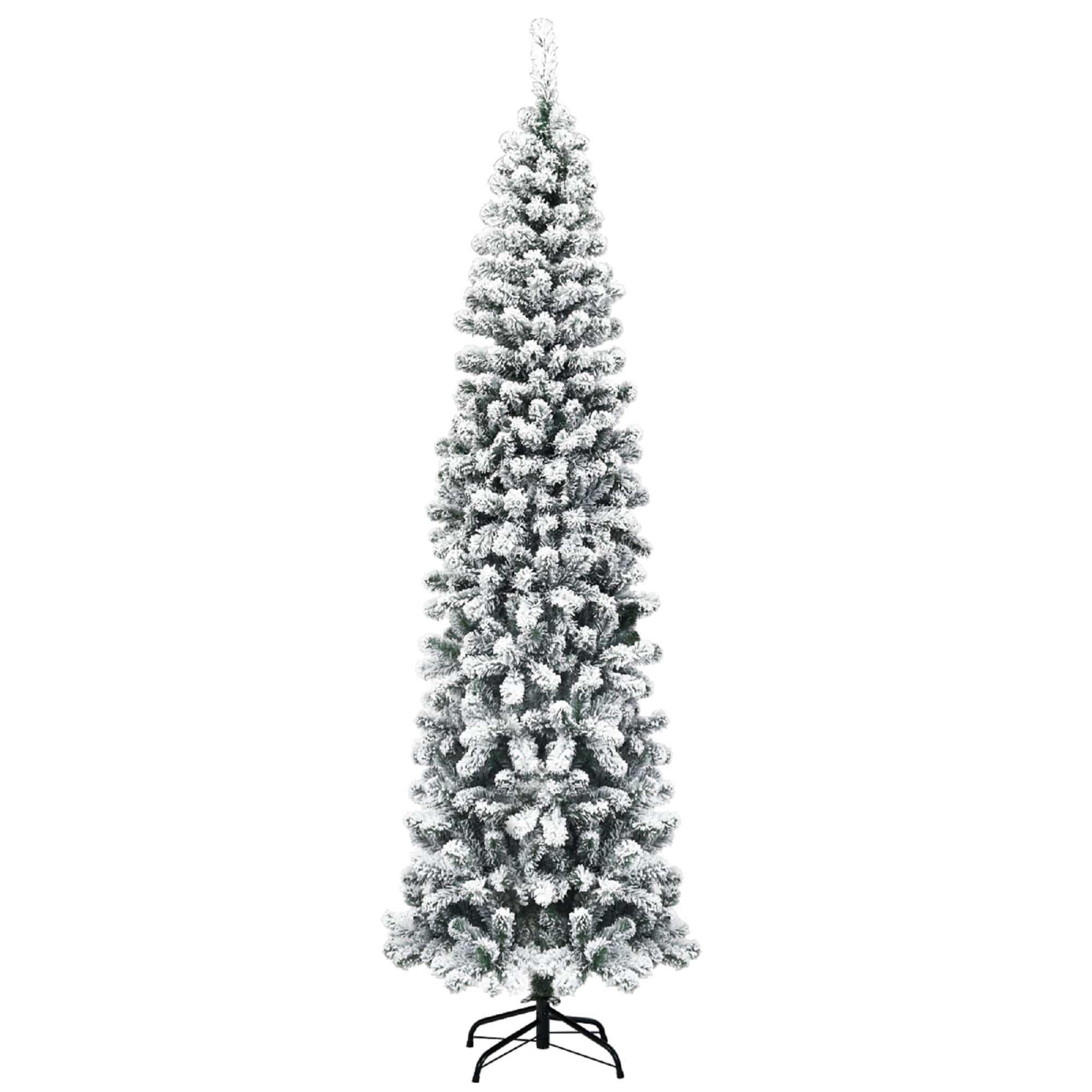 Front. Costway - 7.5Ft Unlit Hinged Snow Flocked Artificial Pencil Christmas Tree with 641 Tips - Green/White.