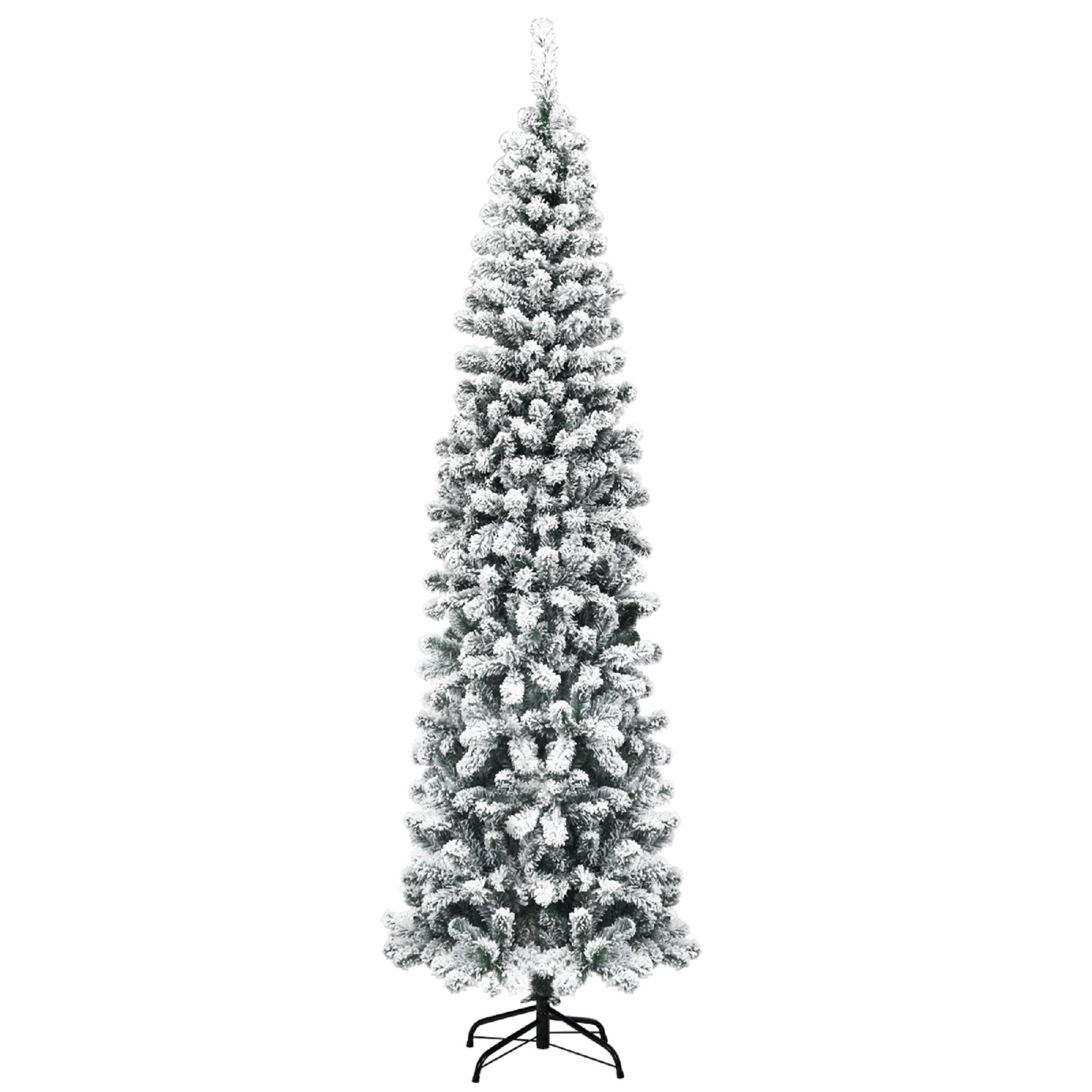 Costway - 7.5Ft Unlit Hinged Snow Flocked Artificial Pencil Christmas Tree with 641 Tips - Green/White