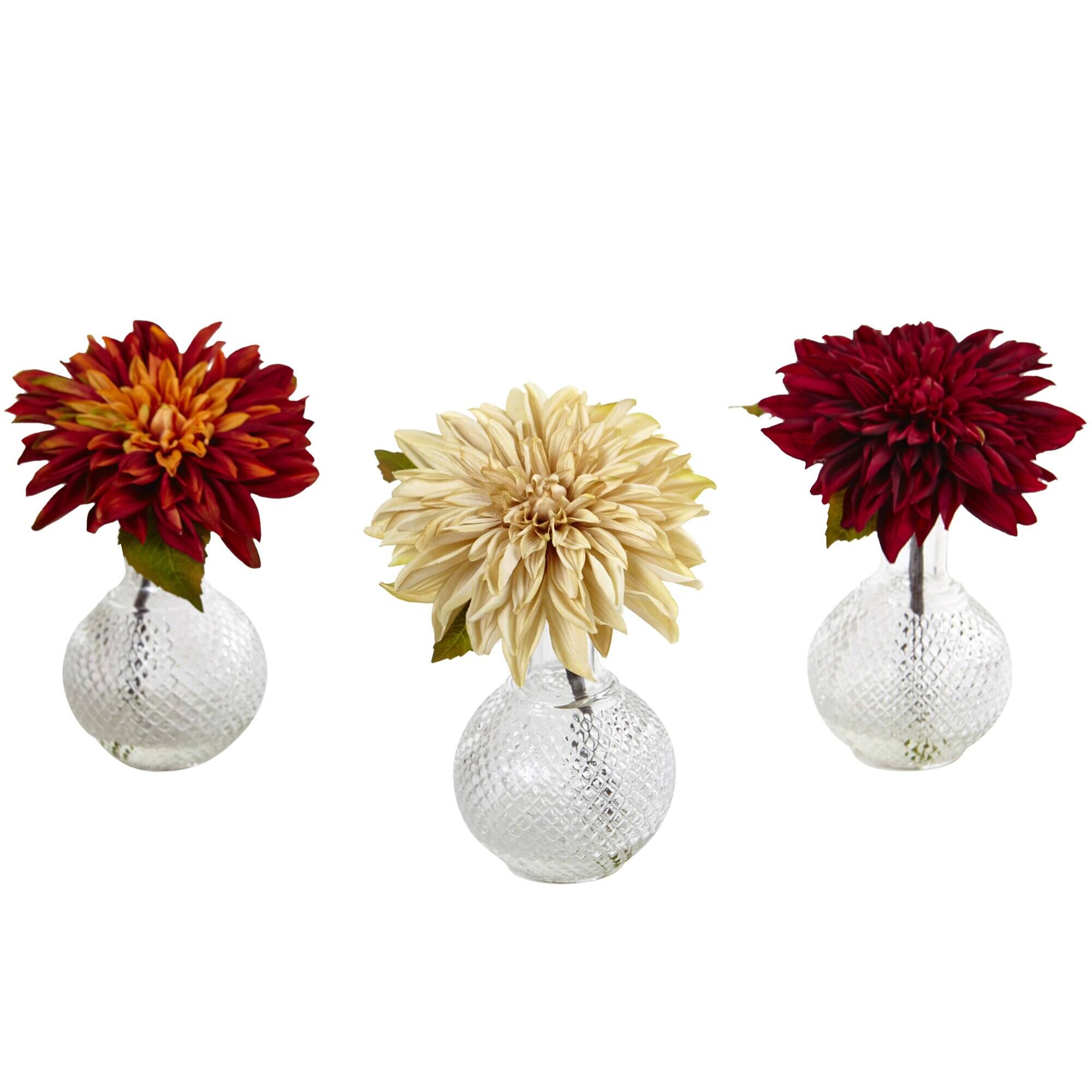 Alt View 1. BreeBe - 8" Dahlia w/Vase (Set of 3) - Red.