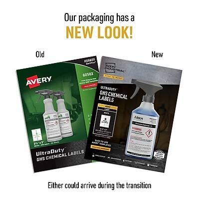 Our packaging has a NEW LOOK!

Old
AVERY BSS609
Cortified AVERY INDUSTRIAL 60503
ULTRADUTY GHS CHEMICAL LABELS

New
ARKH
UltraDuty Ultra CHEMICAL LABELS GHS TEMPLATES

Either could arrive during the transition