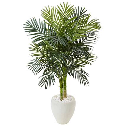 Front. BreeBe - 4.5' Golden Cane Palm Tree in White Oval Planter - Green.