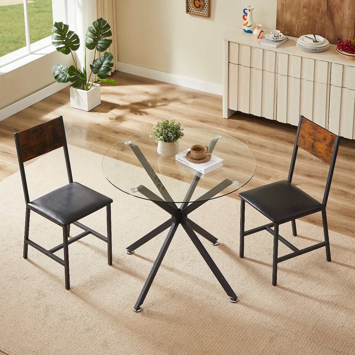 Loheer 35 inch Round Tempered Glass Dining Table with Metal Legs Black ...