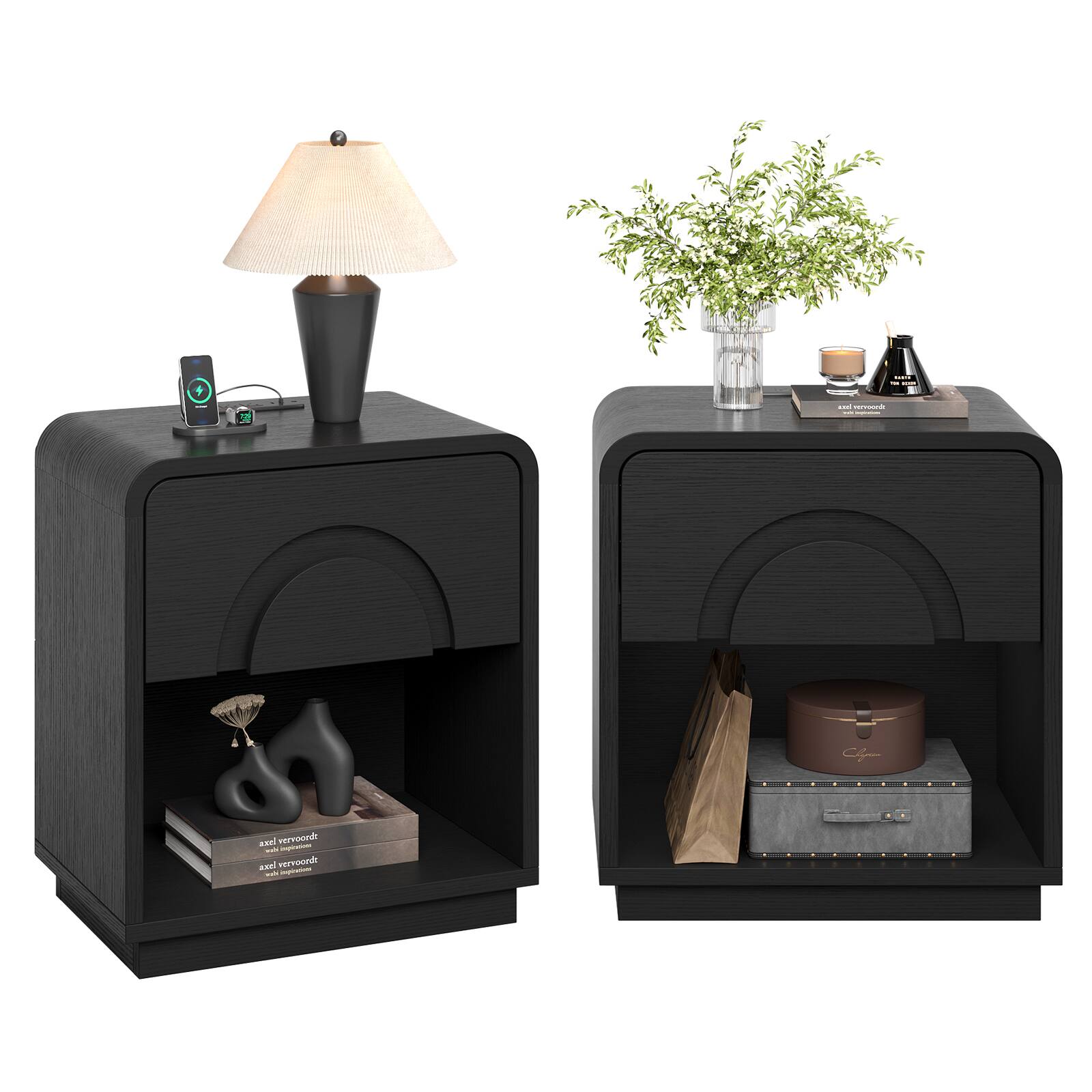 Bestier - Nightstand with Charging Station & Open Shelf, Modern Bedside Table End Table for Bedroom Living Room - Set of 2-Black Grained