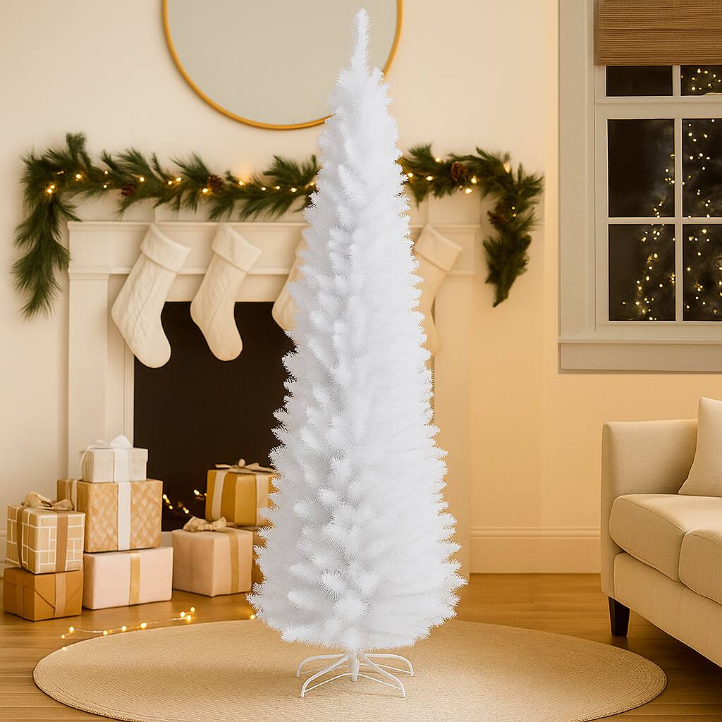 BreeBe - Artificial Pencil Tree with Folding Stand – 5FT 6FT 7FT Slim Design - White