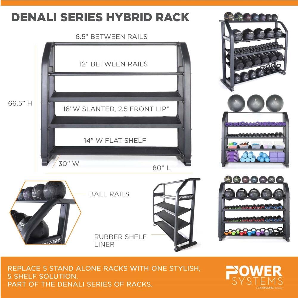DENALI SERIES HYBRID RACK

6.5" BETWEEN RAILS  
12" BETWEEN RAILS  
66.5" H  
16"W SLANTED, 2.5 FRONT LIP"  
14" W FLAT SHELF  
30" W  
80" L  
BALL RAILS  
RUBBER SHELF LINER

REPLACE 5 STAND ALONE RACKS WITH ONE STYLISH, 5 SHELF SOLUTION.  
PART OF THE DENALI SERIES OF RACKS.

POWER SYSTEMS  
PLAYCORE