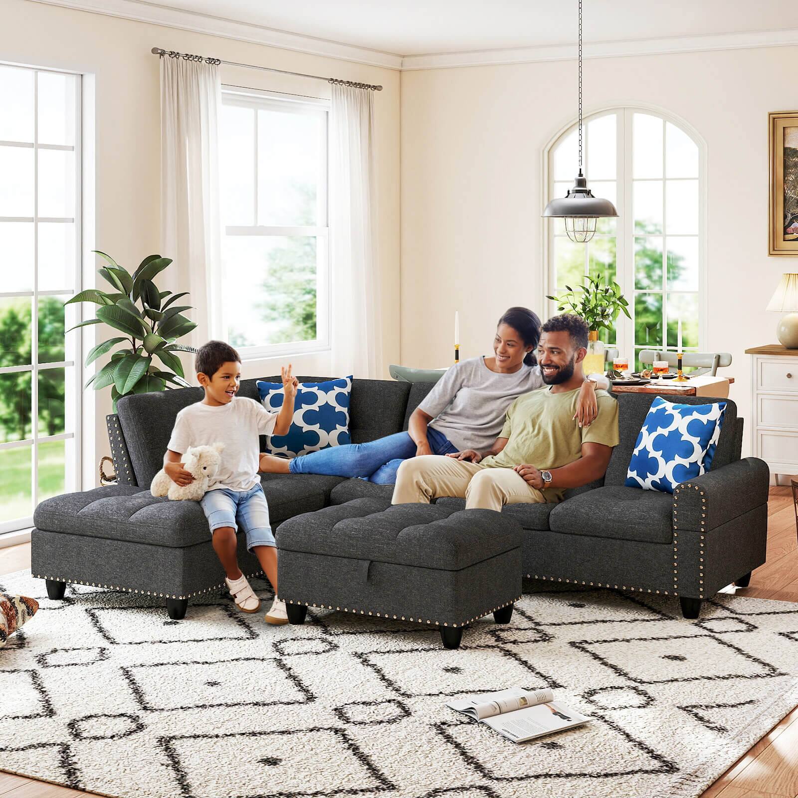 Alt View 3. Costway - Costway 98" L-Shaped Sofa with Movable Storage Ottoman Linen Fabric Backs Seats Cup Holders - Dark Gray.